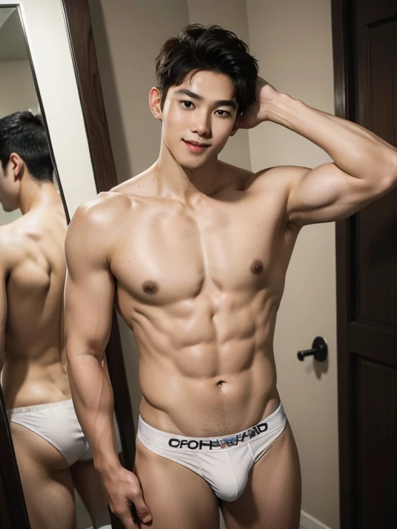 Korean, 、Inside the fitting room、Naked Man、whole body、White briefs、Hands above head、Black Hair、Adorable smile、Even the legs are reflected、whole body , realistic handsome Korean face , thin muscles , beardless face、masterpiece、A high resolution、hyperrealism、detailed face、solo、a men、glowing skin、(Asian)、(young、teenager)、Handsome、detailed background、Handsome