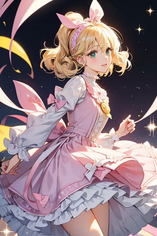 Yume has long light blonde hair that frames her face in the front and curls at the sides and back. she wore a short pleat baby pink dress with white ends and white petticoat. The sleeves are white and puffy with a plaid lavender and white bow sewn to the chest with a gold medallion on the center. She gains long white stockings that reach up past her knees with pink cuff and pink shoes with white soles. At her back is a big off-white bow. On her left wrist is a thin bracelet. She also gains a pink choker with a silver star at the center and a headband with light pink, yellow, and green stripes and a yellow star on the right on her head. SPARKLE; GLITTER