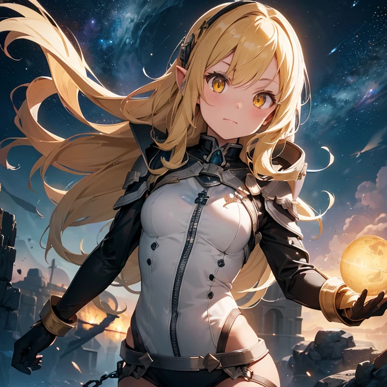 ((Best Quality)), ((Masterpiece)), (Details: 1.4), 3D, Bust, (Young Girl), Solo, Portrait, ((Straight Face)), (Body Front), (Beautiful and Slender Young Girl Image), ((Small Breasts)), ((Bust Photo)), (Upper Body), (Slender Perfect Body: 1.2), (Perfect Face), (Young Face), glowing eyes, (Yellow Eyes: 1.5), (Perfect Eyes), (Perfect Hands), (Perfect Fingers), (Soft and Simple Hair: 1.5), (Simple Tight Combat Suit: 1.3), Golden Hair, Collar, (Metal Gloves: 1.2), (Weapons), Chains, In the Distant Future, the line between science fiction and fantasy has disappeared, and the world is an awesome tapestry of wonder. Enter a universe where magic and technology coexist in harmony and shape the fate of civilization in the vast expanse of space. At the heart of this field is celestial relations, an interstellar center of mysterious energy and technological wonders. Here, arcane knowledge is intertwined with cutting-edge science, giving birth to a society brimmed with the power of ancient spells, while occult arts enhance technology. As a young explorer, embark on a grand adventure destined to unlock the secrets of the celestial bond. As you travel through the uncharted realms of the universe, encounter various civilizations full of creatures with extraordinary abilities. From the ethereal spire of the elves, where the art of traveling across dimensions is perfected, to the cybernetic enclave of the Android Group, witness the tapestry of life where magic and technology intertwine. Unleash your latent power as you adapt to the energy flowing through the Nexus. Take advantage of the ancient spells of forgotten witchcraft to propel your starship through the vast universe. Wield enchanted weapons infused with futuristic enhancements to shape surging energy and engage in epic battles against cosmic abominations and intergalactic tyrants. Uncover the origins of this harmonious blend of magic and technology as you delve into the mysterious realm of celestial relationships. Disco