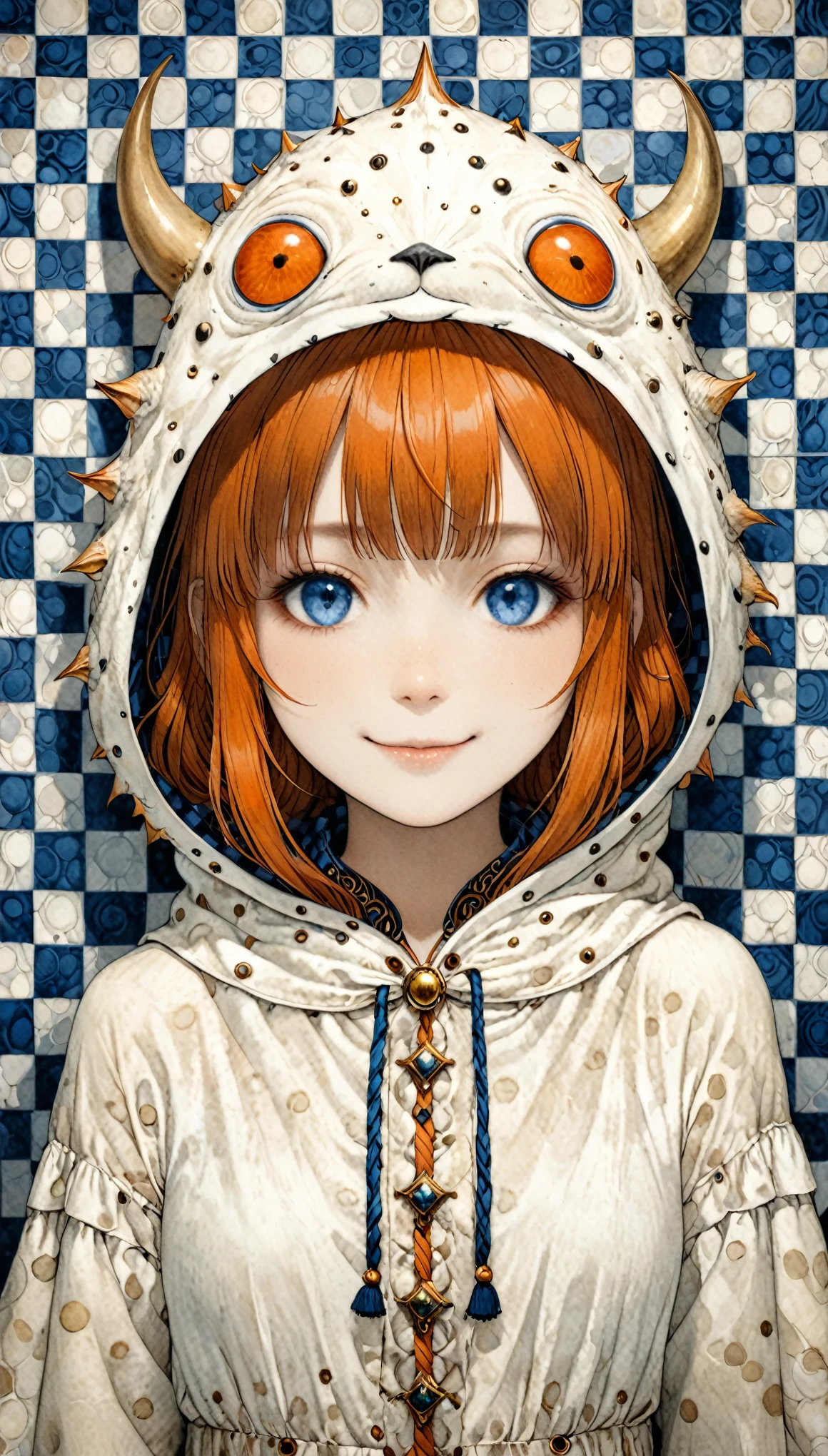 in style of John Bauer,in style of Jaehyo Lee,
blue and white checkered background,best quality,4k,8k,highres,masterpiece,ultra-detailed,surrealist style,(full_shot:1.2),negative space composition BREAK 1girl,a cute girl dressed as a monster,long darkorange hair,crazy_smile,teasing_smile,hold a monster plush hood above head with both hands,