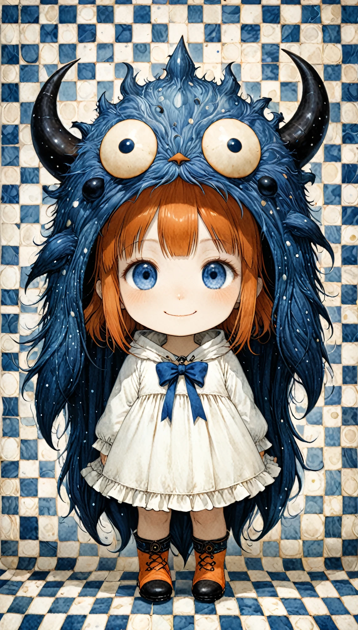 in style of John Bauer,in style of Jaehyo Lee,
blue and white checkered background,best quality,4k,8k,highres,masterpiece,ultra-detailed,surrealist style,(full_shot:1.2),negative space composition BREAK 1girl,a cute girl dressed as a monster,long darkorange hair,crazy_smile,teasing_smile,hold a monster plush hood above head with both hands,