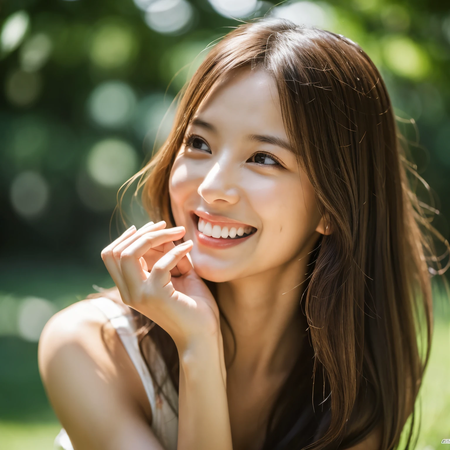 woman posing for a photo, Laugh, Happy, Long hair, Straight hair, finely detailed skin, during the day, Hot summer days, Nature lighting, Detailed face:1.2, Sharp Focus, Hasselblad photo, masutepiece, Light makeup, Cinematic lighting, 4K, Best Quality