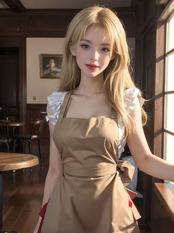 ((highest quality, 8k, masterpiece: 1.3)), ⦅The camera angle is upper body:1.1⦆One beautiful blonde girl, Beautiful woman with slim abs: 1.3, (Blonde Long Hair, big: 1.2), (Red nude apron: 1.3), ⦅Larger breasts:1.1⦆Highly detailed face, Fine grain, double eyelid, Cafe Background