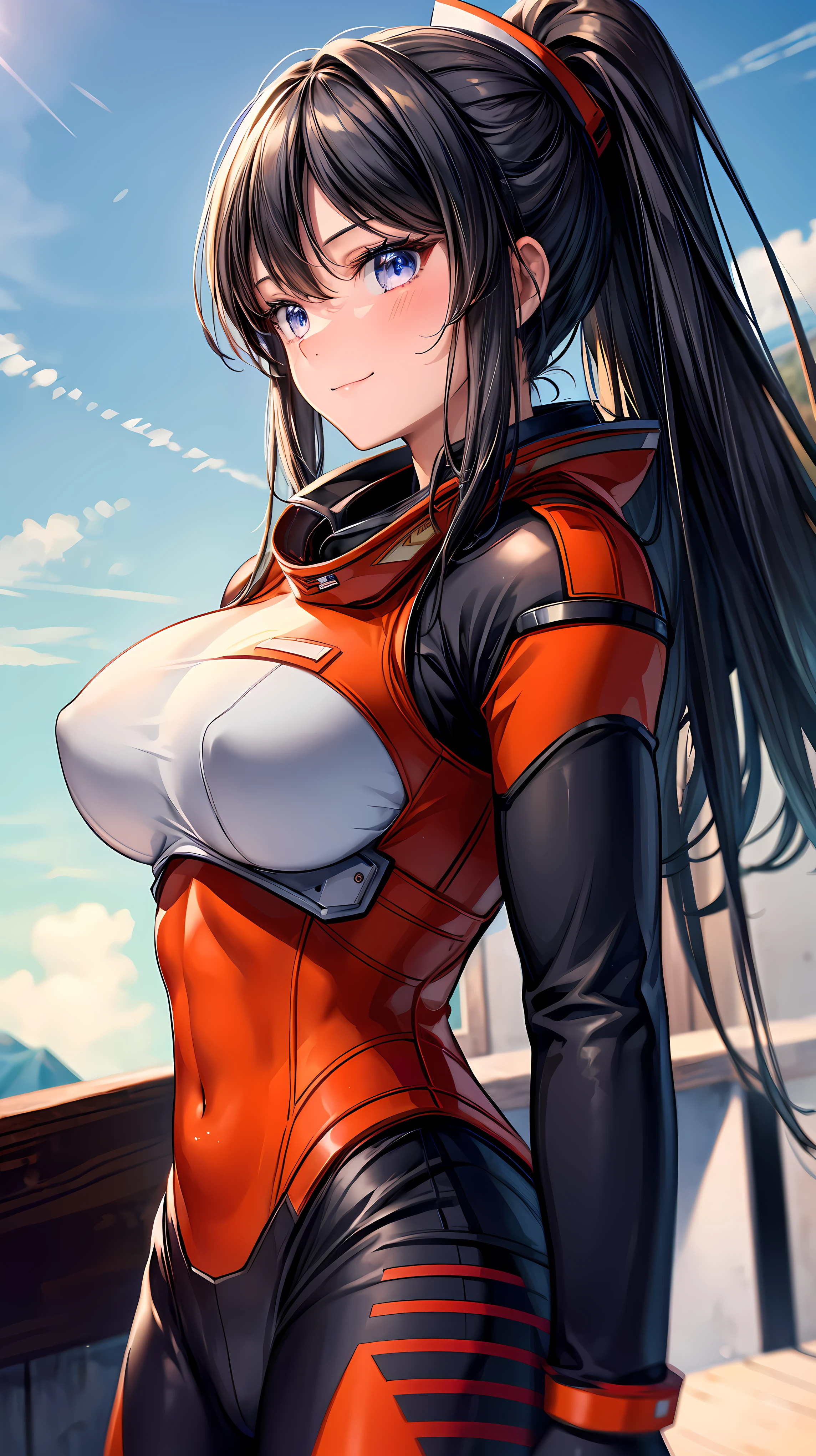 Very detailed、highest quality、Best image quality、masterpiece、8k、Anime Face、A kind smile、lppl2、Pilot Suit、Big Breasts、Cowboy Shot、Side view