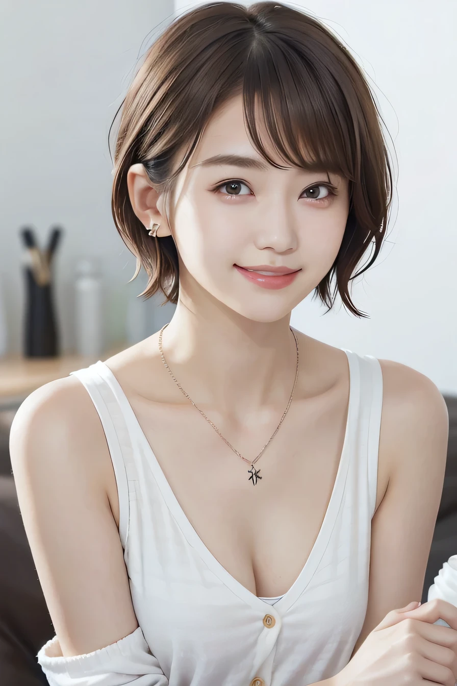 205 ((short hair)), 20-year-old female, In underwear、Put a cardigan over your shoulders、 A refreshing smile、Dark eyeliner、Mask on mouth、Dark brown hair、ear piercing、Necklace around the neck