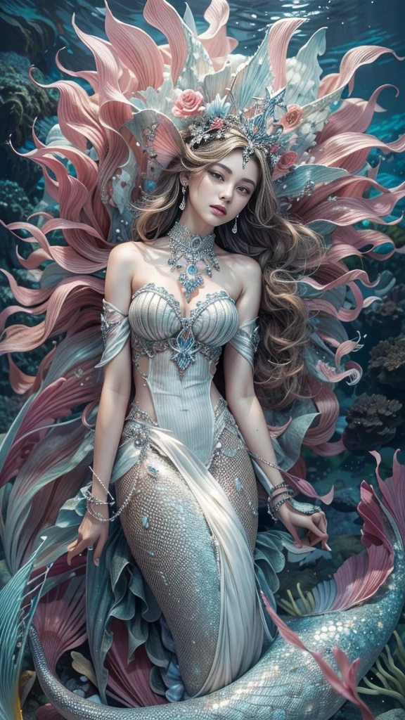 (RAW shooting, 32k, highest quality, masterpiece, Ultra-high resolution), (Under the sea at night:1.0, moonlight:0.7, Mysterious underwater world:1.3, Expressions of sadness:1.0), Fractal Art:1.2, Perfect dynamic composition:1.2, Highly detailed skin and facial textures:1.2, Rich underwater vegetation, Beautiful shell and coral decoration, Contrast of Marine Life, (View the subject from a distance:1.3, Dynamic flow of water waves:1.2, Slim mermaid figure:1.0, Shimmering Scales, Mermaid tail), Fair skin, Incredibly slim body:1.0, Very beautiful face, Water droplets on the skin, Super detailed, Gorgeous silver shiny dress portrait, Big eyes that exude beauty, Beautiful big lips, Graceful and elegant, Surreal atmosphere, necklace, Earrings, bracelet
