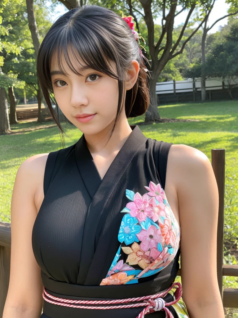 (((highest quality, masterpiece, Ultra-high resolution, Realistic:1.4, RAW Photos, Very detailed, Perfect Anatomy, Fair-skinned 18-year-old girl,Full body photo, The most famous Japanese actresses,Wearing a vibrant Japanese furisode kimono))),Twinkle smile, View your audience, upturned coccyx, Super cute face like a popular actress, very beautiful big black round eyes, Very beautiful shiny black long cut, Very beautiful realistic skins, Very beautiful shoulders, very beautiful big breasts, Extremely beautiful perfect body, Very beautiful little ass, Detailed face, fine grain, Detailed Hair, Detailed and realistic skins, detailed shoulders, Detailed chest, Body perfect in every detail, Detailed hips,Full body photo,The background is the bright outdoor Meiji Shrine.,