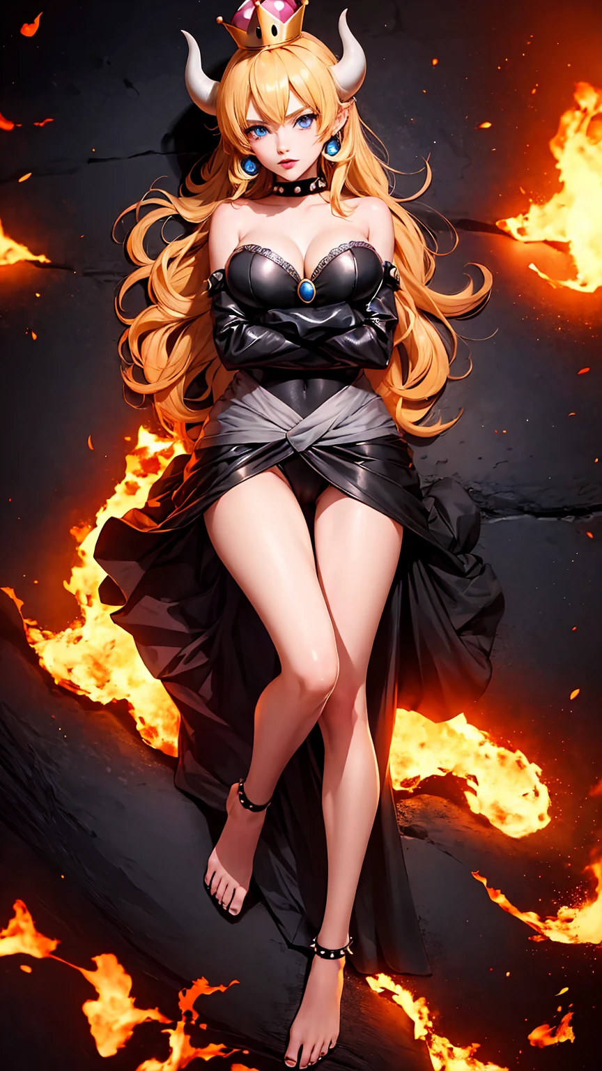 ((high detailed, best quality, 4k, masterpiece, hd:1.3)), ((best quality)), (((HD))), (((8k))), (ultraDH), (ultra HD), Princess Daisy, blue eyes, BREAK blue eyes, seductive, attractive, smooth anime cg art, 36C breasts, long legs, vivid colors, detailed digital art, slim body, perfect skin, dark blonde hair, long hair, blonde hair, blonde hair, BREAK crown, cleavage, 36C cleavage, looking at viewer, BREAK looking at viewer, extremely detailed face, red santa suit, red santa claus suit, santa claus suit, earrings, gem, dark black makeup lips, dark gothic eyeshadows, dark eyeshadows, black eyeshadows, black sexy lips, black lips, (dark:1.2), dark lips, very dark lips, (perfect hands, perfect anatomy), black makeup, black medium lips, black thick lips, detailed fingers, five fingers per hand, 5 fingers, (1 girl), detailed lips, detailed black lips, black painted lips, gothic painted lips, BREAK night, night sky, (breast focus), (arms outstreched:1.2), (from above:1.1), (breasts out:1.3), (off shoulder:1.1), (white horns), (bra), inside a lava castle, she inside a sea of lava, she bathing in lava, full body, perfect long legs, perfect foots, legs and foots into the lava,