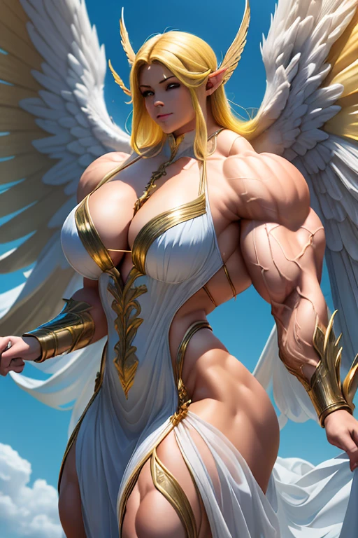 ((((Massive tall, beautiful, buff, light brown skinned muscular angel woman with yellow hair, huge angel wings, ginormous bulky muscles and wearing a beautiful white long angel dress)))), (close view), massive muscles, massive biceps, hyper muscle shoulders, massive muscle arms, vascular shoulders, hyper muscle triceps, huge angel wings, (long flowing hair), gray eyes, choker, angel gauntlets, on top of a sunny skyscraper in a Windy City, confidant smile, hyper vascular arm, hyper muscles arms, hyper muscle legs, (massive arms).