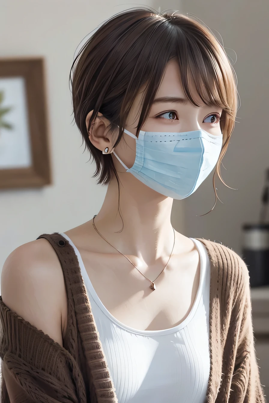 205 ((short hair)), 20-year-old female, In underwear、Put a cardigan over your shoulders、 A refreshing smile、Mask on mouth、Dark brown hair、ear piercing、Necklace around the neck