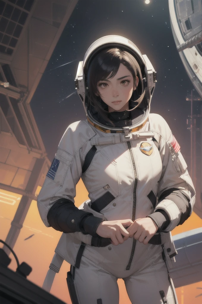 Arabic style image of a woman in a futuristic suit with a spaceship in the background, Cinematic art, In front of an orange background, Inspired by Robert McGinnis, Female protagonist, Megastructure in the background, AIastronautの肖像画, astronaut, astronaut, astronautのスケルターの肖像画, Perfect android girl, frank franzzeta and sakimichan  