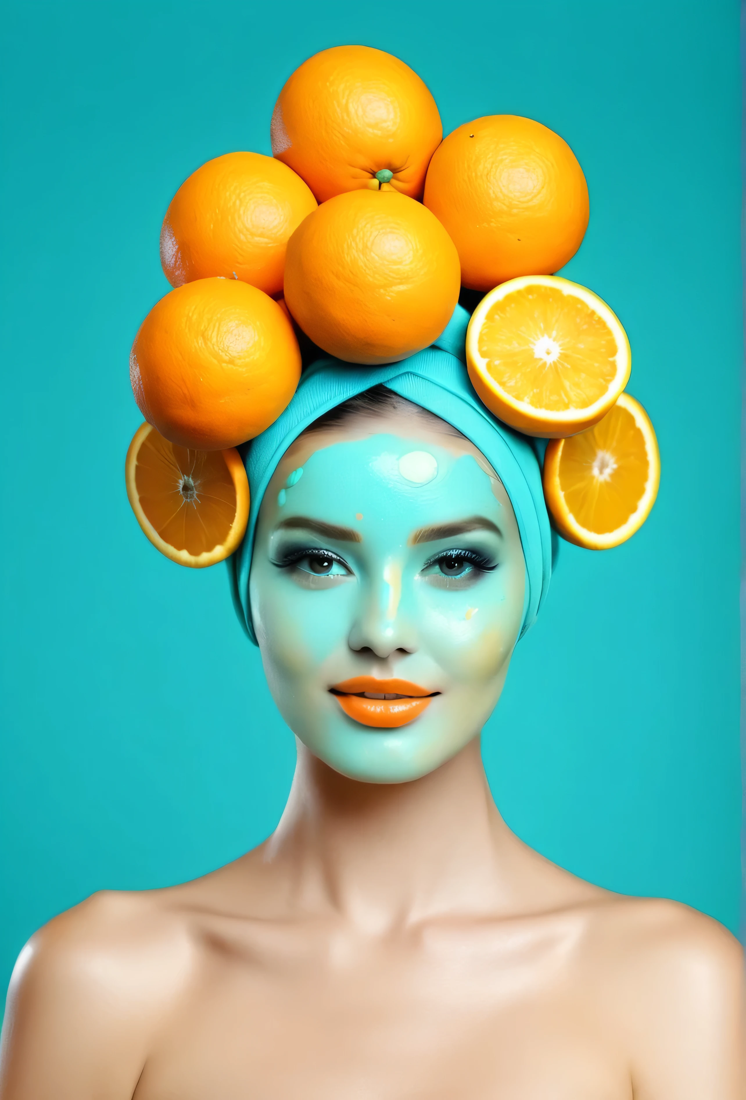 Beautiful lady with oranges on her head. And foumy turquoise juice on her face 