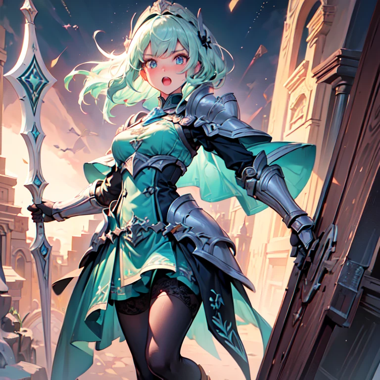 ((Masterpiece, Highest quality)), Detailed face, CharacterDesignSheet， full bodyesbian, Full of details, Multiple poses and expressions, Highly detailed, Depth, Many parts，Beautiful paladin girl，holding a shield，Extremely beautiful，High Balance, Natural light, Lace，lacepantyhose，black in color，starrysky，Star decoration