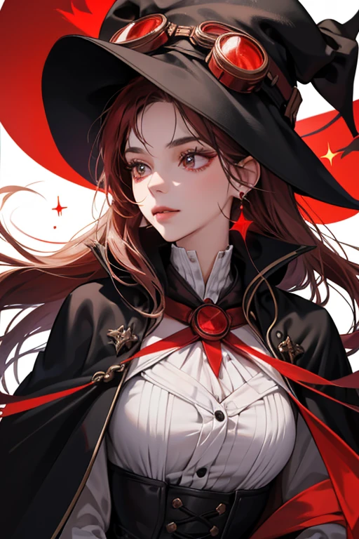 sHe has a white muzzle, and a red star on her ear . sHe wears a black cloak tied with a red ribbon and a black hat with goggles on top. SPARKLE; GLITTER