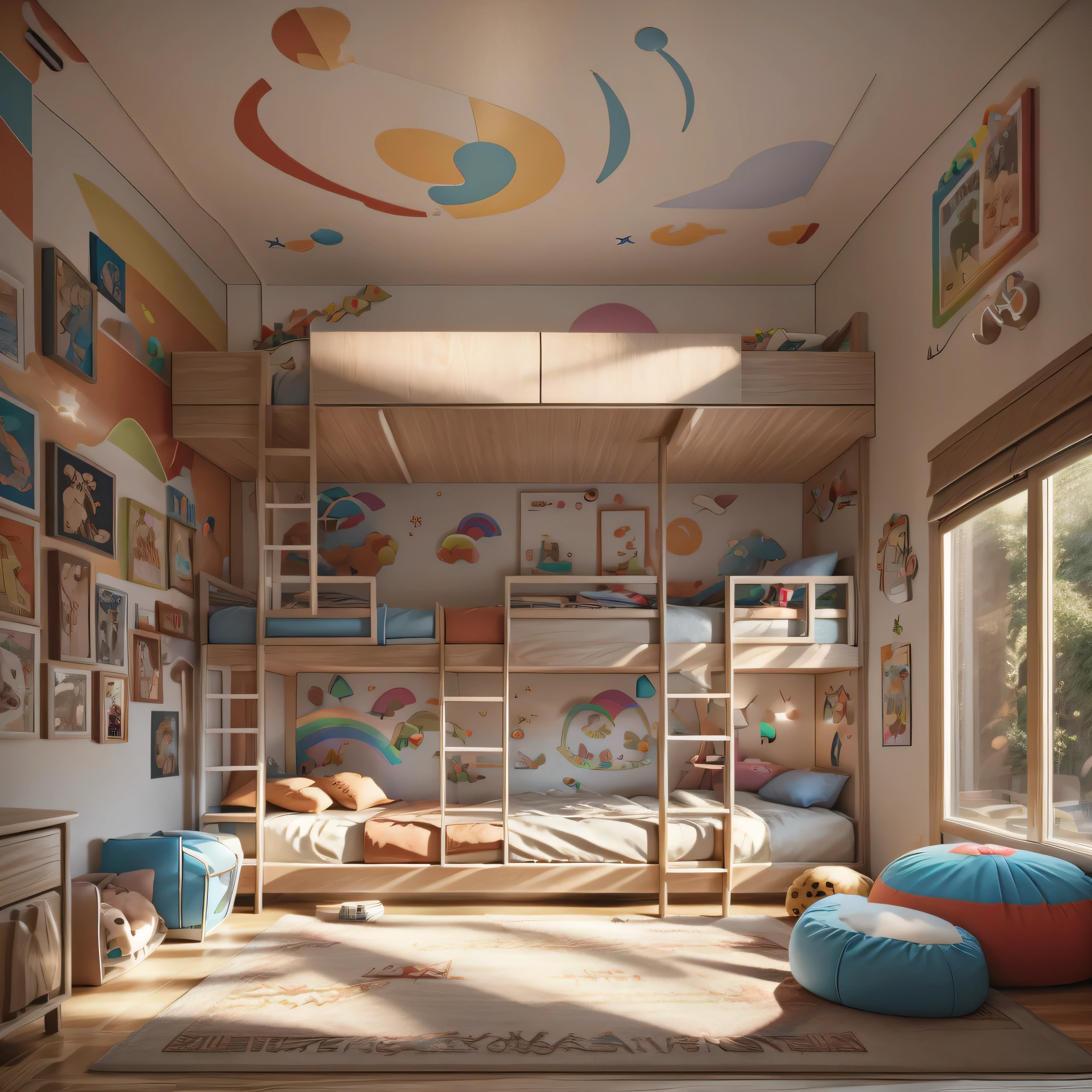 Playful kids' bedroom with a rainbow-themed bunk bed, colorful bean bags, a multicolored rug, and vibrant wall decals featuring animals and stars.