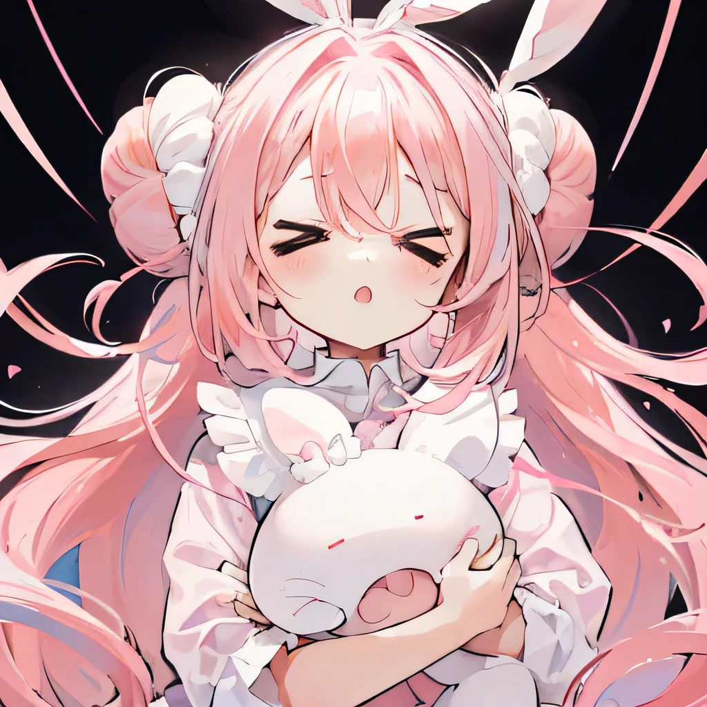 (((Crossed eyes))),(((No ears in the head))) ,(Hair Ribbon:0.4), (((White bun hair))),(((Long pink hair))),(((I'm opening my big mouth))),(((One bun on each side))),