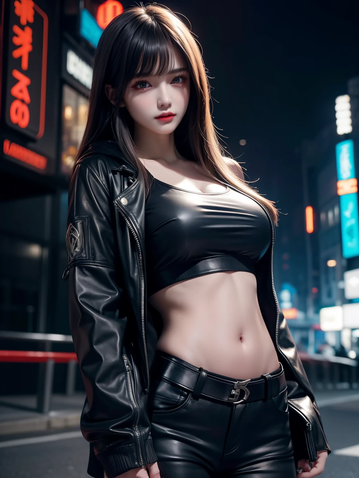 (Night city), close up photo, cyberpunk style, (a girl wearing black hoodie and leather jacket, Camisole, Expose belly and navel, long hair, straight hair, sagging breasts:1.3), standing, urban, neon, cowboy shot, (Cinematic lighting, ethereal light, intricate details, extremely detailed, incredible details, full colored), complex details, hyper maximalist, gorgeous light and shadow, detailed decoration, detailed lines. masterpiece, best quality, HDR, UHD, unreal engine. looking at the camera, fair skin, beautiful face,Cyberpunk, upper body, solo,