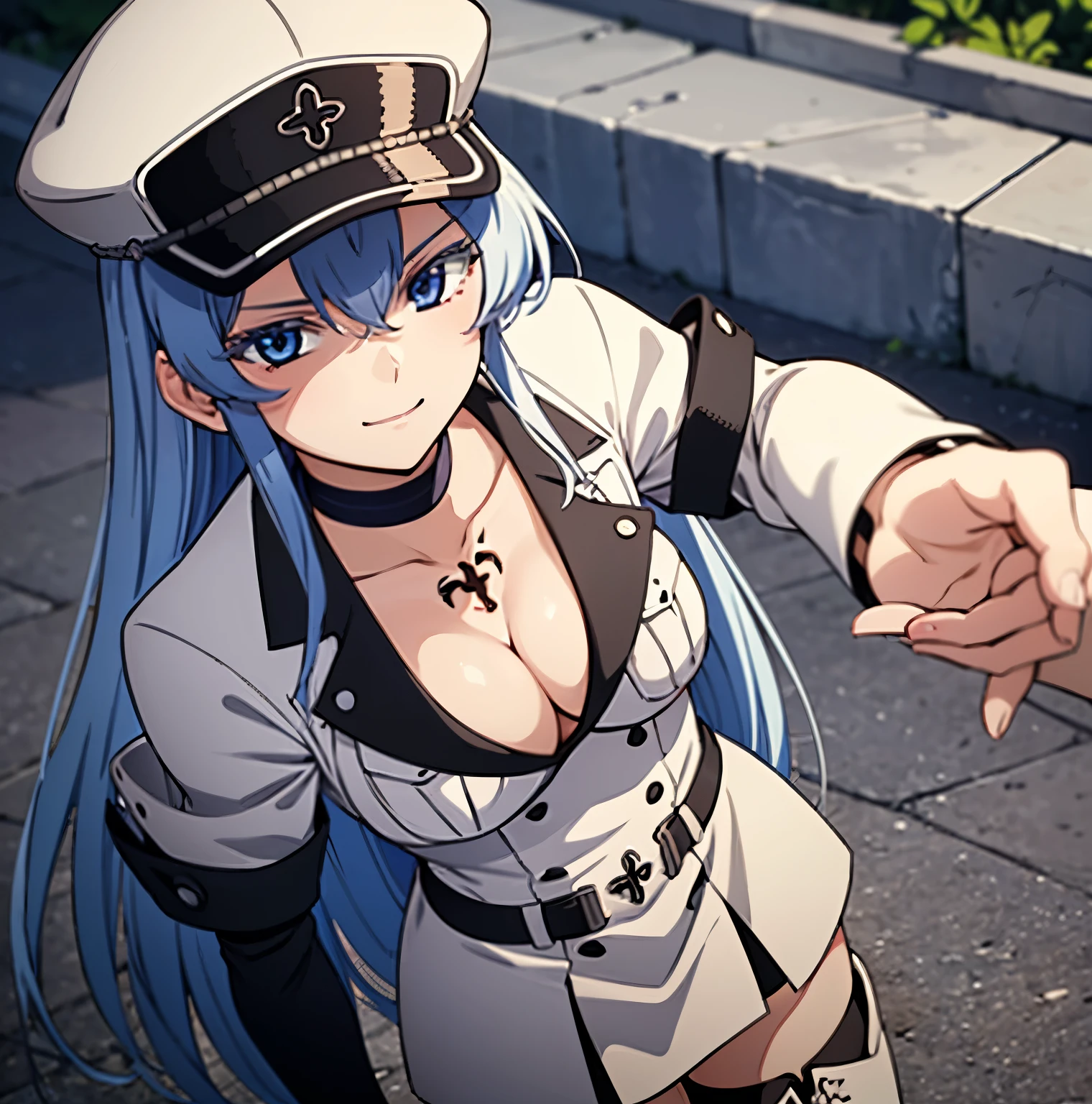 1girl,alone,esdeath,masterpiece,high resolution,detailed,outdoors,(hair ornament),real,long blue hair,looking at viewer,head on,pov (from above),perfect face,curious smile,transparent from above, looking at viewer, blue glitters, sexy, 4K, high quality, portrait, boots, choker, cleavage, collarbone, hat, ice, military, military uniform, white uniform, cleavage, peaked cap, thigh-high boots, thighs, uniform, bracelet, portrait art, esdeath, perfect light, perfect anatomy, perfect hands