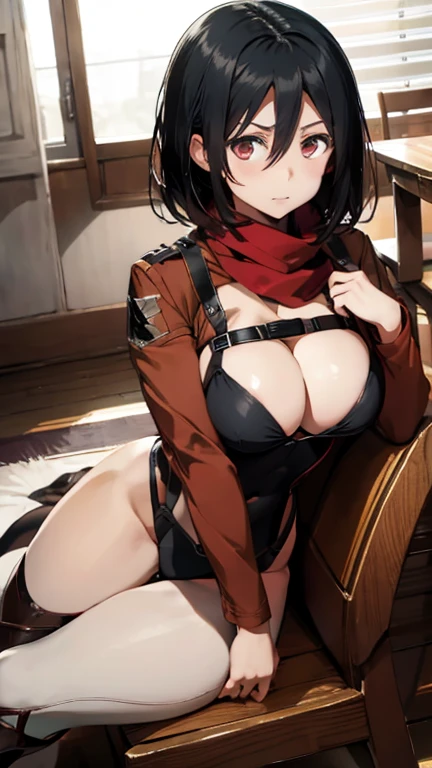 mikasa Ackerman,Eren EaGer,Big Breasts,Red scarf,Black Swimsuit,Blushing,The two of them are sitting on chairs together,Both of them look confused,