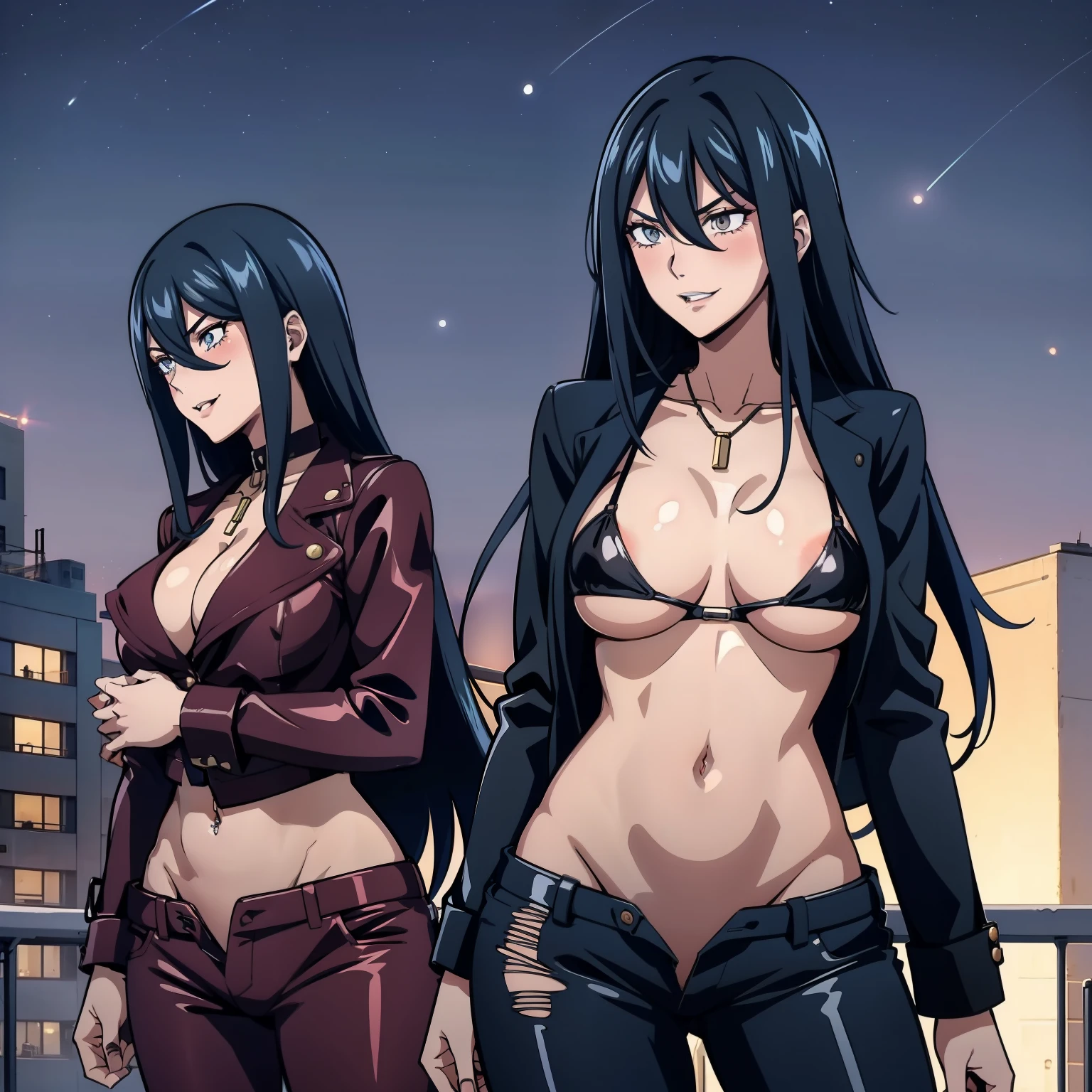 2girl,two girl, large breasts, long hair, necklace,, lipstick, , outdoors, rooftop, cityscape, building, railing, night, night sky, scenery, moon, city lights, blush, lipstick, masterpiece, best quality, highly detailed, a girls with a gun, evil smile , open mouth, sexy gaze, badass pose , evil smile, smile, (nsfw) not safe for work, guns blazing, anime girl with long hair, beautiful long haired girl, navel, evil expression, exposed belly, exposed navel, exposed midriff, exposed lower belly, black bra, long black pants, crop top, cleavage, unbuttoned leather pants ,open fly, low rise black leather pants, leather jacket, holding a gun, , navel piercing