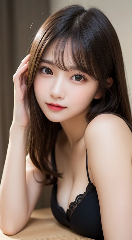 Tabletop, highest quality, shape, Very detailed, finely, High resolution, 8k wallpaper, 完璧なダイナミックな構shape, Beautiful and detailed, Medium Hair,Quite large breasts, Natural color lip, Random sexy poses,smile,、20-year-old girl、Midnight、Beautiful and elaborate face、Perfect and beautiful face,Big eyes、RAW Photos、spread your arms and legs wide、Express your best feelings with your whole body、Beautiful and detailed、Small face、Beautiful Duplex、Slim face and figure、Blur the background,Put your big breasts on the table