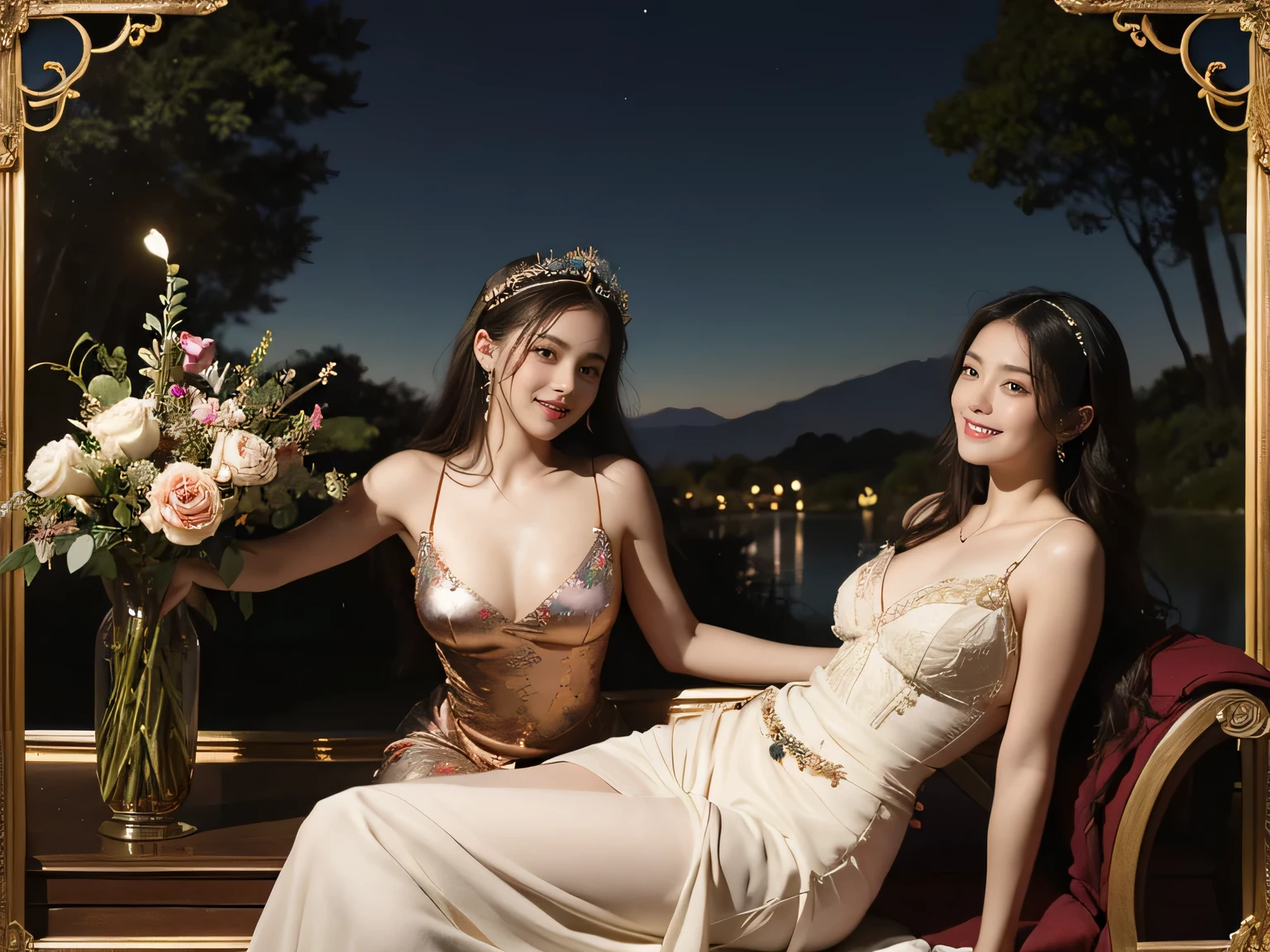 Giorgione painting style,Arguments of two female Philosophe,math、astronomical machine、astronaut、roses in vase、fruits、Cute trinkets、smile、ancient greek costume、Background is a forest lake at night 、Clothes that stretch your shoulders、A big smile、beautiful bare skin、A detailed representation of the seducing woman throughout her body.