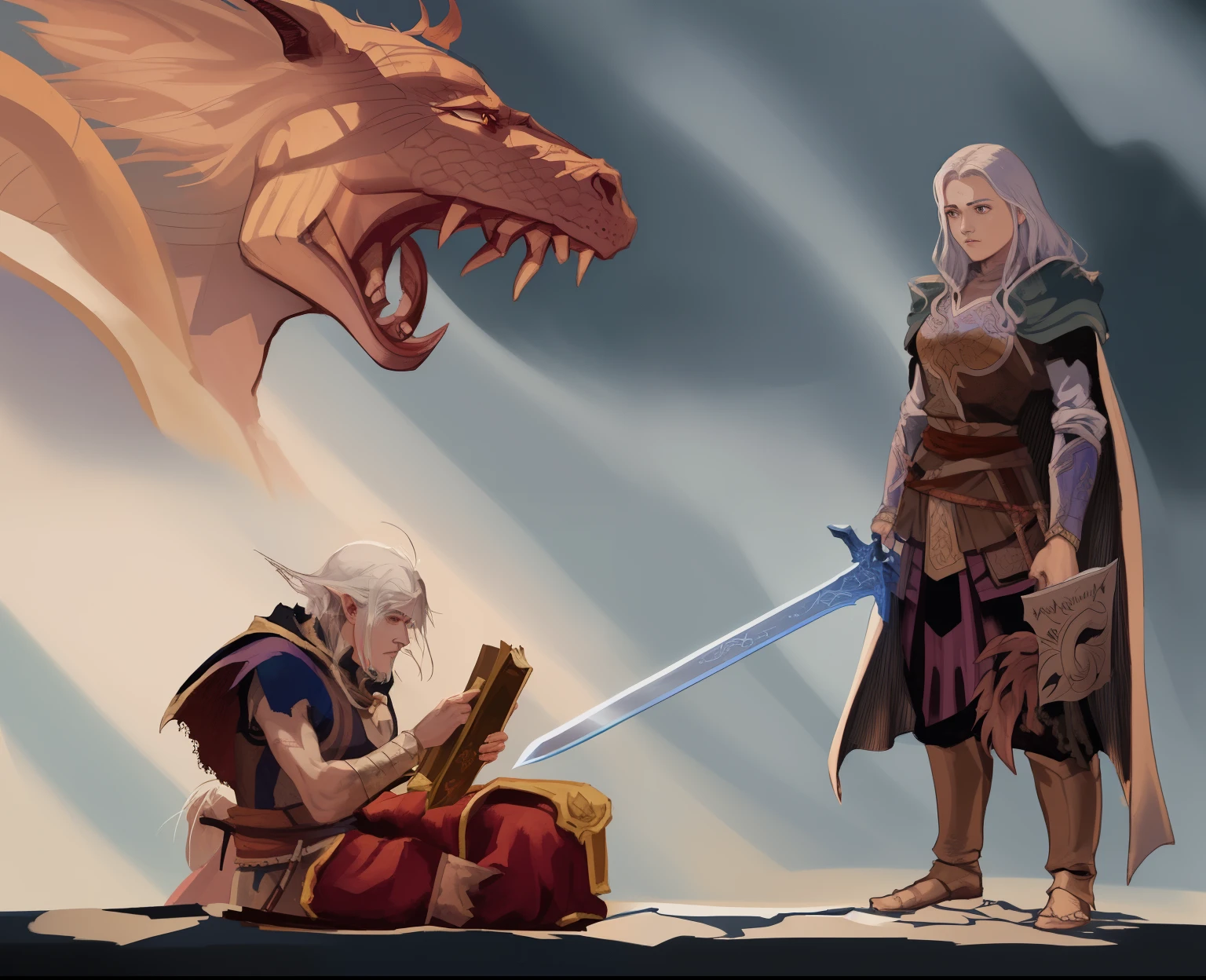 a drawing of a man with a sword and a woman with a sword, rpg rulebook illustration, fantasy rpg book illustration, rpg illustration, roleplaying game art, rpg book portrait, high quality dnd illustration, dnd illustration, dnd commission, rpg scene, dragonlance illustration, roleplaying, d&d character commission, color dnd illustration, rpg_portrait