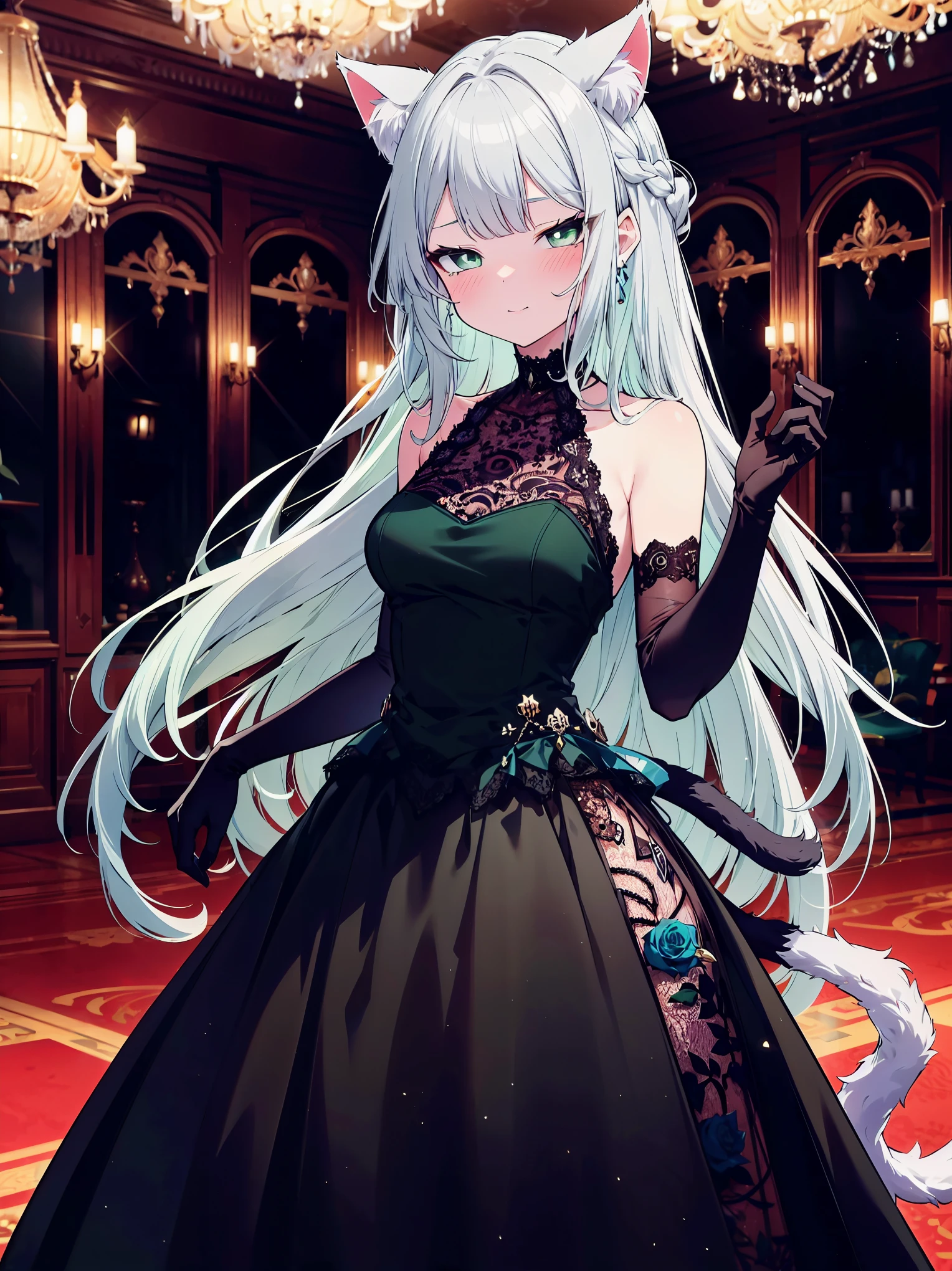 (cowboy shot), (colorful:1.1), vibrant color, (ultra-high resolution, depth of field:1.2), (1woman), (adult), in her 20s, (medium breasts), (green eyes), (silver hair:1.2), cat ears, wavy hair, (long hair:1.3), (french braid:1.2), (gala dress:1.2), (wearing a gala dress:1.2), frills, (cat tail), (long lace gloves), (elegant ballroom scenery:1.2), gentle smile, (blushing)