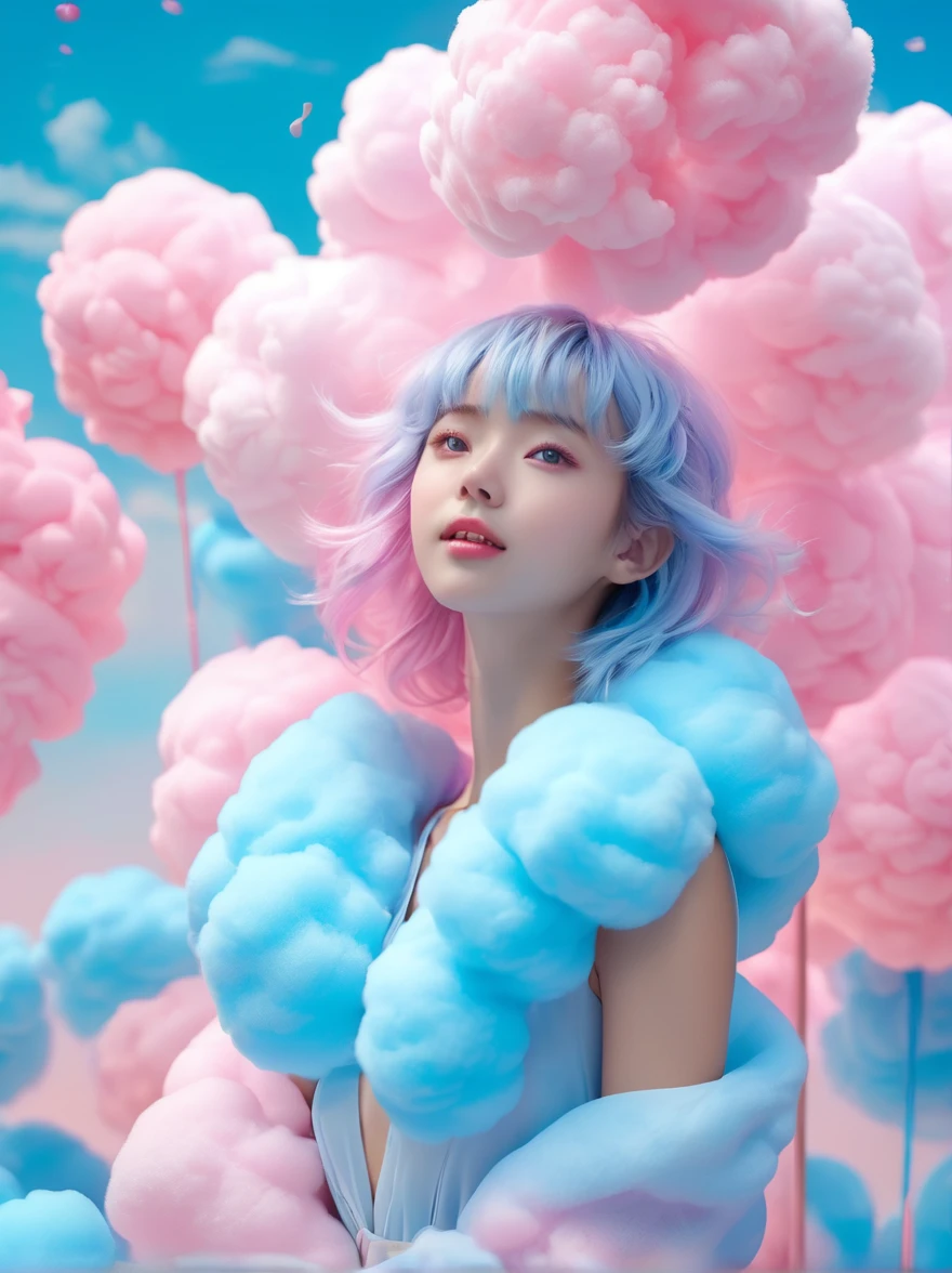 (超Reality:1.4)，(((Full body shot:1.5)))，original，emotion，dynamic，扭曲emotion效果，Energetic，Use unusual colors，Lovely photography，(Reality，Photo Realism:1.4)，Stylized image of a girl made of pink and blue cotton candy，Fantastic，Delicate eyes，Delicate face，Delicate skin，light smile, fang, Surrealism, drop shadow, anaglyph, stereogram, tachi-e, pov, atmospheric perspective, 8k, super detail, ccurate, best quality, anatomically correct, textured skin