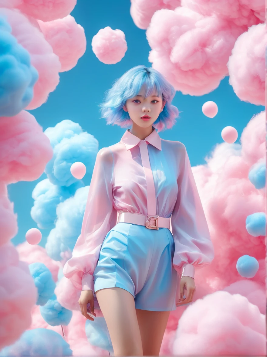 (超Reality:1.4)，(((Full body shot:1.5)))，original，emotion，dynamic，扭曲emotion效果，Energetic，Use unusual colors，Lovely photography，(Reality，Photo Realism:1.4)，Stylized image of a girl made of pink and blue cotton candy，Fantastic，Delicate eyes，Delicate face，Delicate skin，light smile, fang, Surrealism, drop shadow, anaglyph, stereogram, tachi-e, pov, atmospheric perspective, 8k, super detail, ccurate, best quality, anatomically correct, textured skin