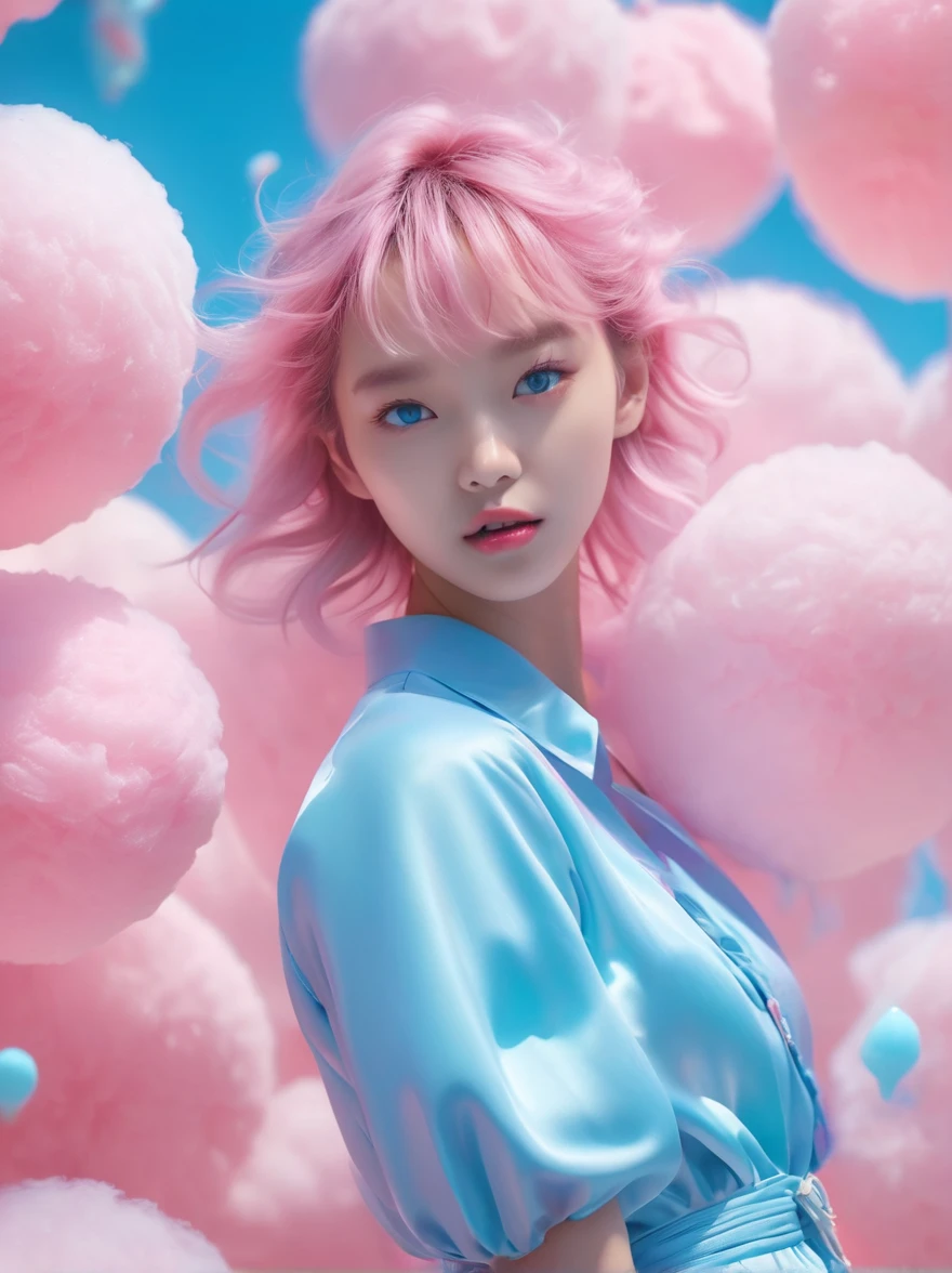 (超Reality:1.4)，(((Full body shot:1.5)))，original，emotion，dynamic，扭曲emotion效果，Energetic，Use unusual colors，Lovely photography，(Reality，Photo Realism:1.4)，Stylized image of a girl made of pink and blue cotton candy，Fantastic，Delicate eyes，Delicate face，Delicate skin，light smile, fang, Surrealism, drop shadow, anaglyph, stereogram, tachi-e, pov, atmospheric perspective, 8k, super detail, ccurate, best quality, anatomically correct, textured skin