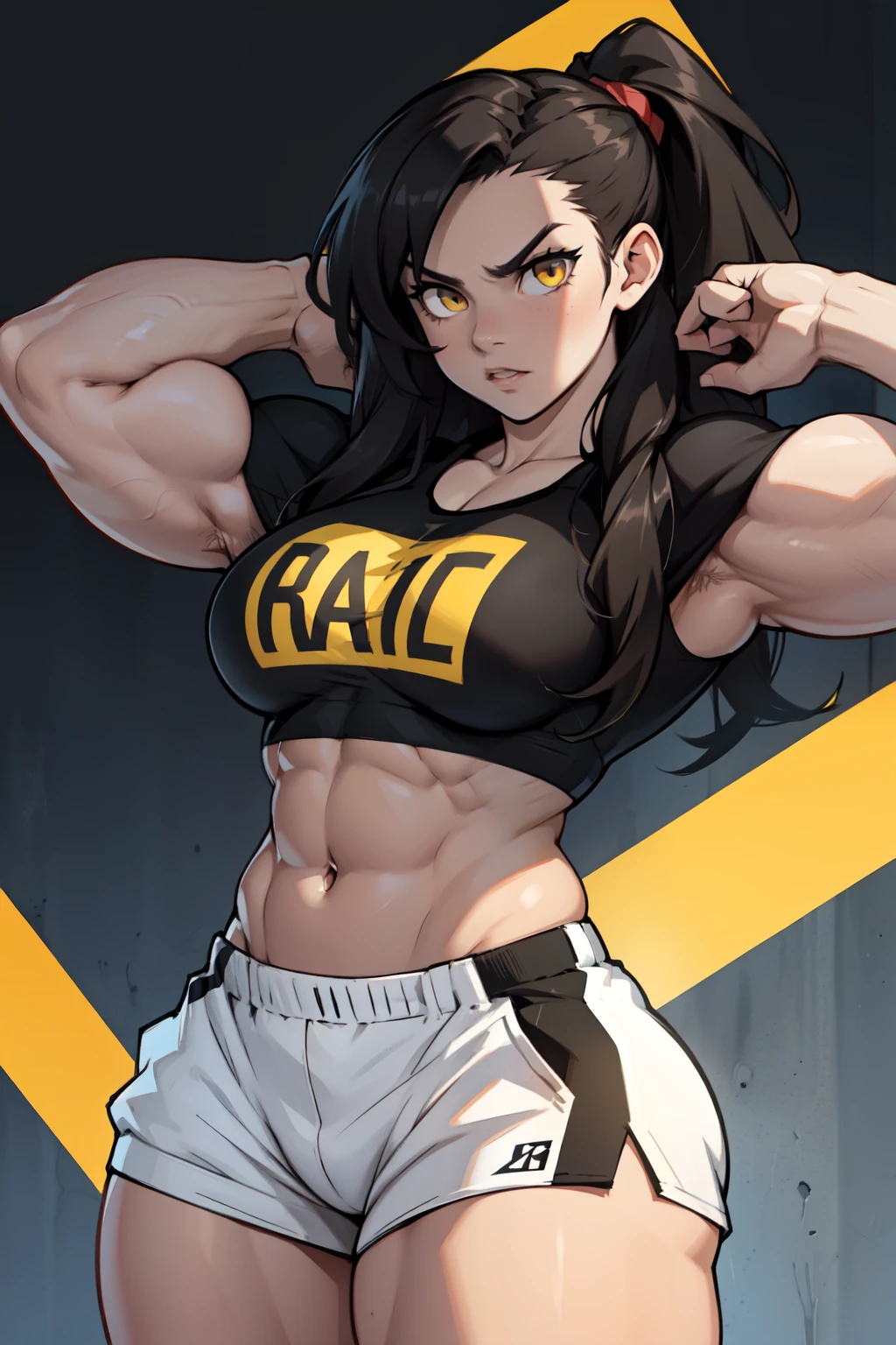 angry ((((1girl)))) (((bodybuilder))) pale skin black hair very long hair yellow eyes midriff