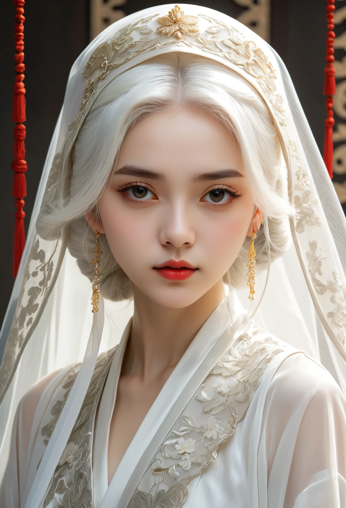 a veil on her head, Grey Veil, white hair, Off-white, Gouvezi art style, Arrogant and indifferent girl, Half squinted, White eyes球, White eyes, Ethnic style, Off-white