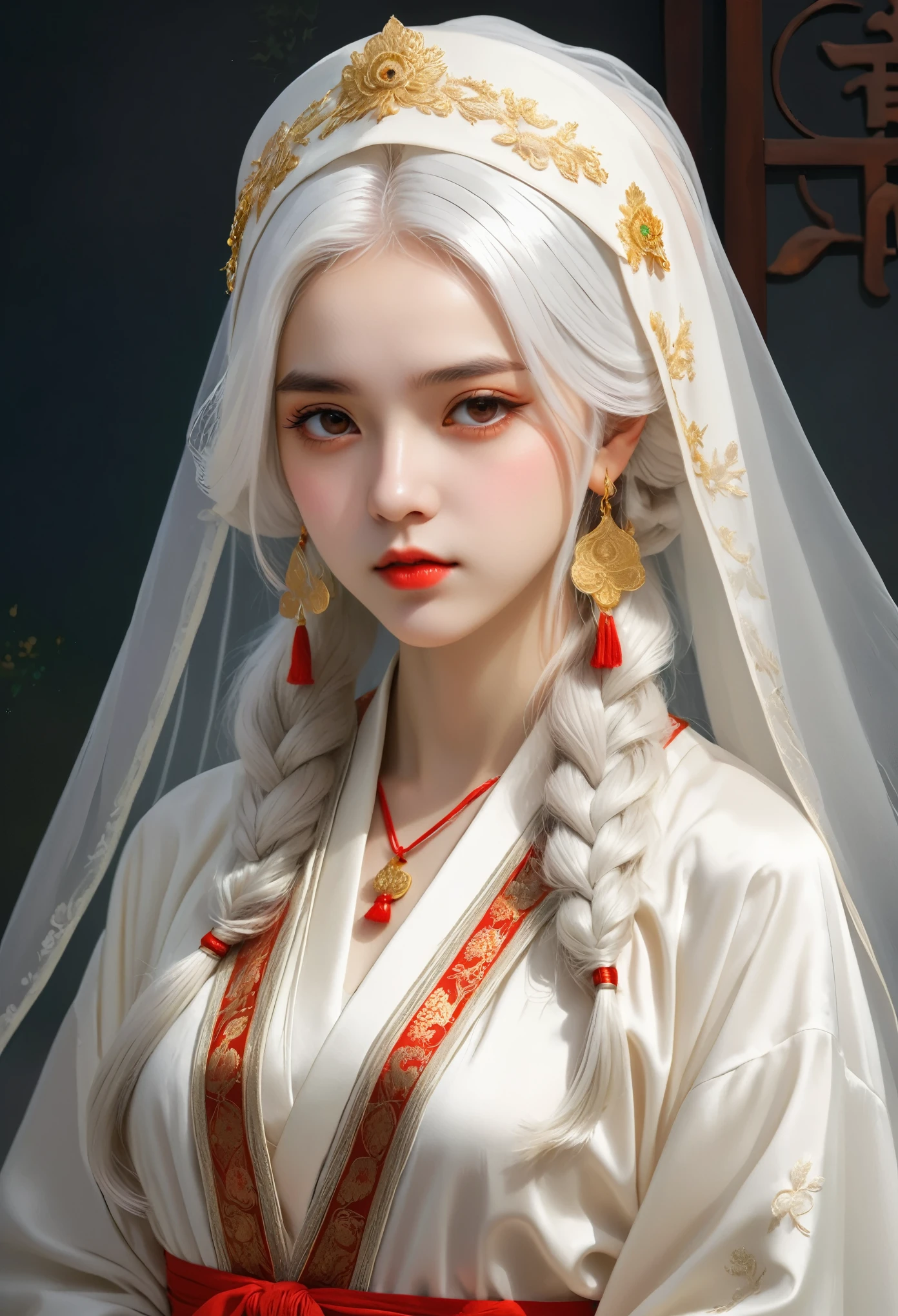 a veil on her head, Grey Veil, white hair, Off-white, Gouvezi art style, Arrogant and indifferent girl, Half squinted, White eyes球, White eyes, Ethnic style, Off-white