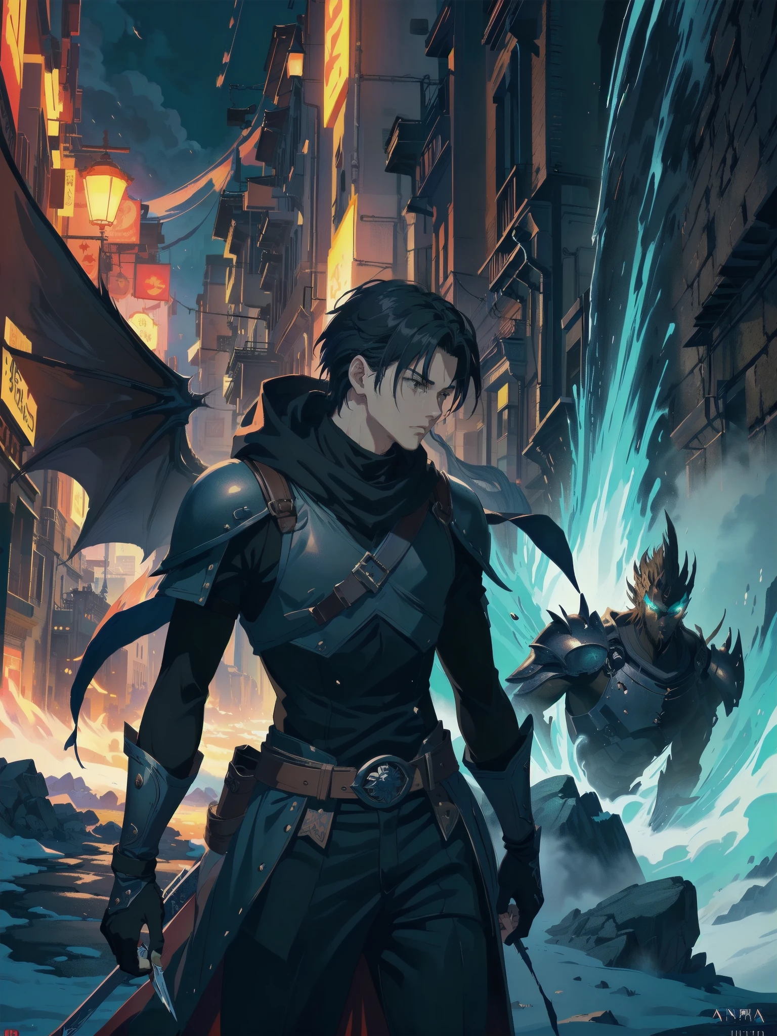 arafed image of a man standing on a cliff with a giant demon in the background, epic fantasy digital art style, epic fantasy artwork, epic fantasy digital art, anime epic artwork, epic fantasy art style hd, guildwar artwork, 4k fantasy art, epic fantasy game art, epic fantasy illustration, fantasy epic digital art, dark souls art, epic fantasy art. (absurdos, Altas Resoluciones, Ultra detallado, HDR), Obra maestra, La mejor calidad, final fantasy vii, 1hombre solamente, guapo, pelo largo, cabello negro, Ojos rojos vibrantes, ojos finos y cara detalladas, Armadura nordica, snowy mountains, frio, tonos azules, helado, hielo, ((Arma intrincada)), capa roja ondeando. ((Dragon a la espalda, dragon volando) Final Fantasy, badass pose, Personaje masculino de anime, Badass Anime 8K, Arte detallado del personaje de anime, Concepto de anime HDR Anime MacManus, Chico anime, Ikuto Yamashita, Anime CG arte suave, Fondo de pantalla de manga 4 k, inspirado por Yamagata Hiro, Wallaper de animea painting of a man with a sword and a red cape, epic anime style, anime epic artwork, epic fantasy digital art style, advanced digital anime art ”, portrait of ninja slayer, hero 2 d fanart artsation, epic fantasy style art, epic fantasy art style, high quality colored sketch, akira from chinese mythology, epic full color illustration