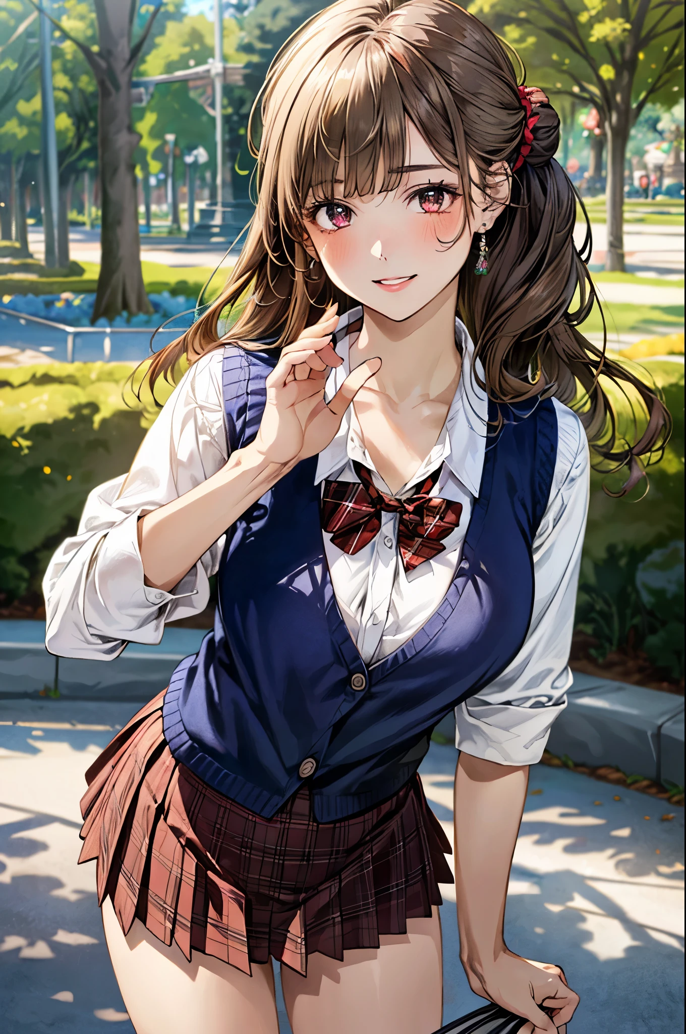 (masterpiece:1.3, top-quality, ultra high res, ultra detailed), (realistic, photorealistic:1.4), beautiful illustration, perfect lighting, natural lighting, colorful, depth of fields, , 
beautiful detailed hair, beautiful detailed face, beautiful detailed eyes, beautiful clavicle, beautiful body, beautiful chest, beautiful thigh, beautiful legs, beautiful fingers, shiny skin, babyface, 
looking at viewer, (face focus), 1 girl, japanese, high school girl, (perfect anatomy, anatomically correct, super detailed skin), cute and symmetrical face, perfect face, perfect eyes, 
(long hair, single hair bun, (long sideburns), light brown hair), blunt bangs, dark breen eyes, drooping eyes, long eyelashes, (medium breasts, seductive thighs), slender, outstanding style, , 
(detailed cloth texture), break, ((light brown knit vest)), break, (red plaid bowtie), break, (white collared shirt, navy pleated skirt), break, 
(beautiful scenery), summer, evening, (disneyland, sky, forest), standing, leaning forward, hand on chest, (lovely smile, parted lips), 