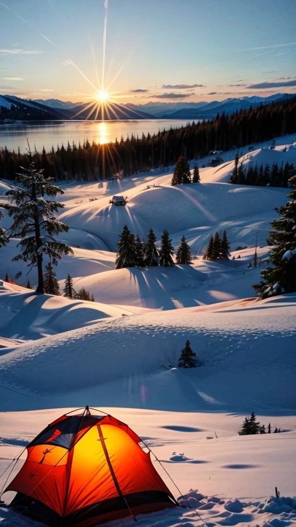 Outdoor Camping、near the lake、winter、The sun rises