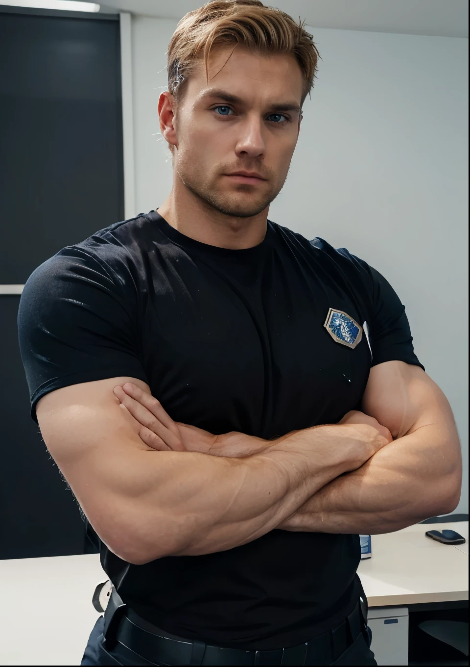 blonde alpha male man, a policeman, perfect body, a police man, with police uniform t shirt, crossed arms, briefs bixer black color, blue eyes, virile, alpha male, nordic type, europe man type, hairy body, tall stading full body, alone on office,