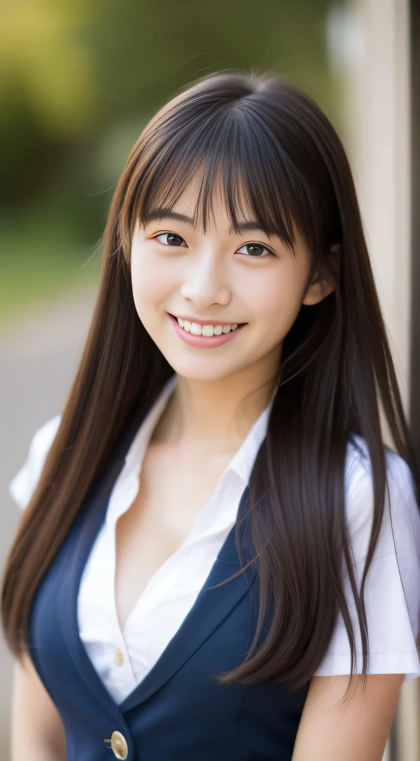 Japanese schoolgirl),((Beautiful girl)),cleavage,the expression imagining what feels good:1.2,(perfect body beauty:1.2),((perfect body)),(shy smile),beautiful teeth,