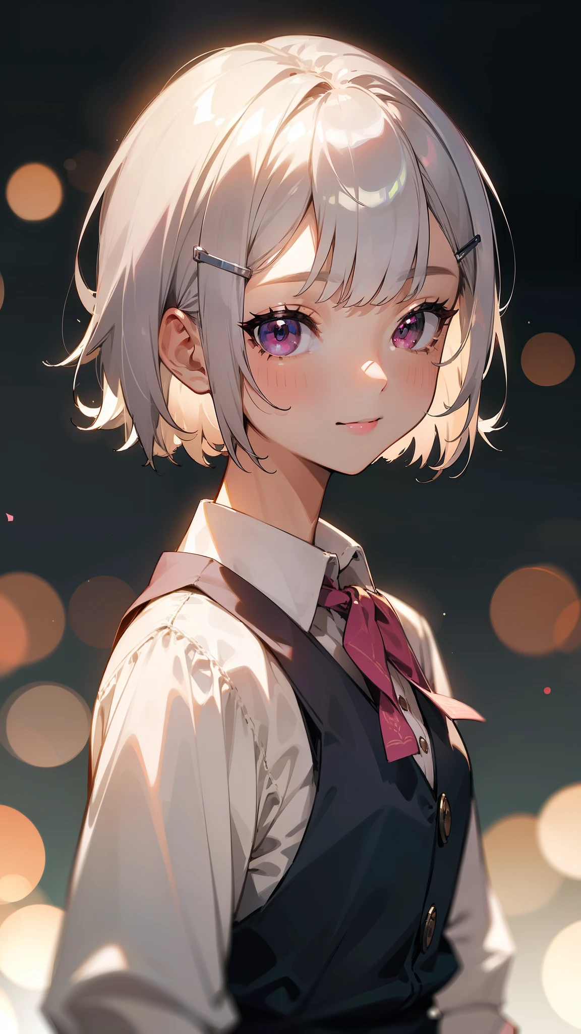 (masterpiece, highest quality)、Intricate details、8k、Sharp focus、(Bokeh) (highest quality) (Detailed skin:1.3) (Intricate details) (8k) (Fine grain) (anime)、Short silver bob hair held together with a hair clip、Pink Eyes、Upper body close-up、Side body、smile