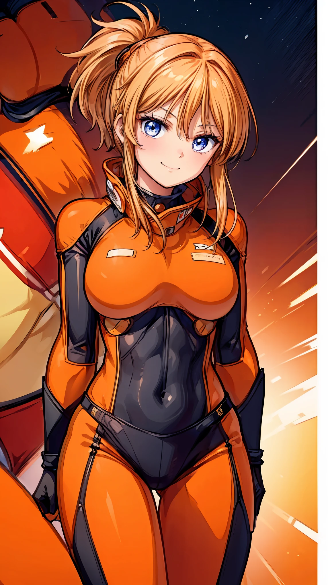 Very detailed、highest quality、Best image quality、masterpiece、8k、Anime Face、A kind smile、(lppl2)、Orange Hair、Pilot Suit、Big Breasts、Cowboy Shot、Side view