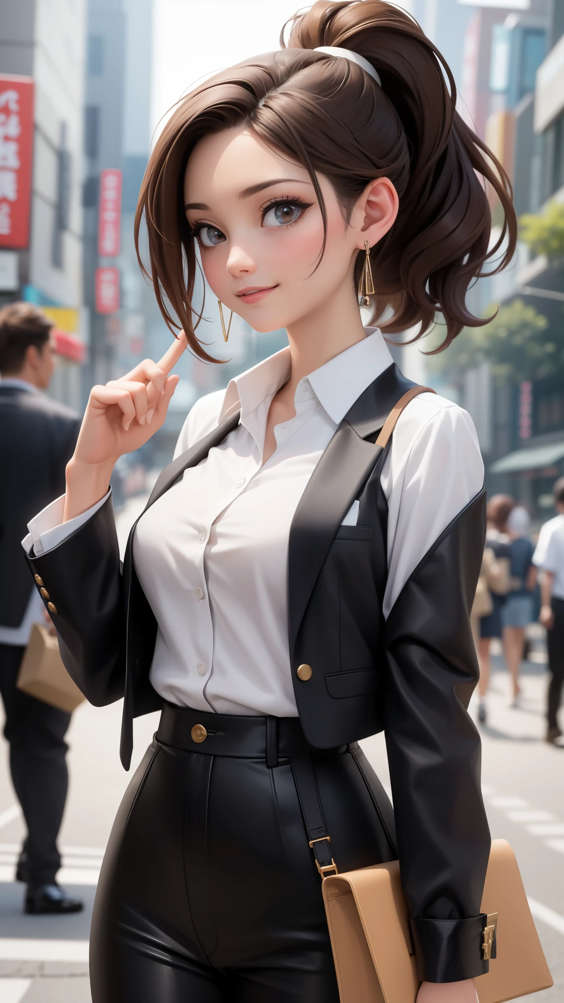 Brown Hair, ponytail, beautiful, beautiful woman, Perfect body, Perfect breasts, Wearing a white formal shirt, Black blazer, Black trousers, Carry a bag, wear the watch, earrings wearing earrings, In public, Creatures of Tokyo City, Being on the street, Smiling and looking at the viewer, realism, masterpiece, Textured Leather, Very detailed, High detail, high quality, 最high quality, 1080p, 16k