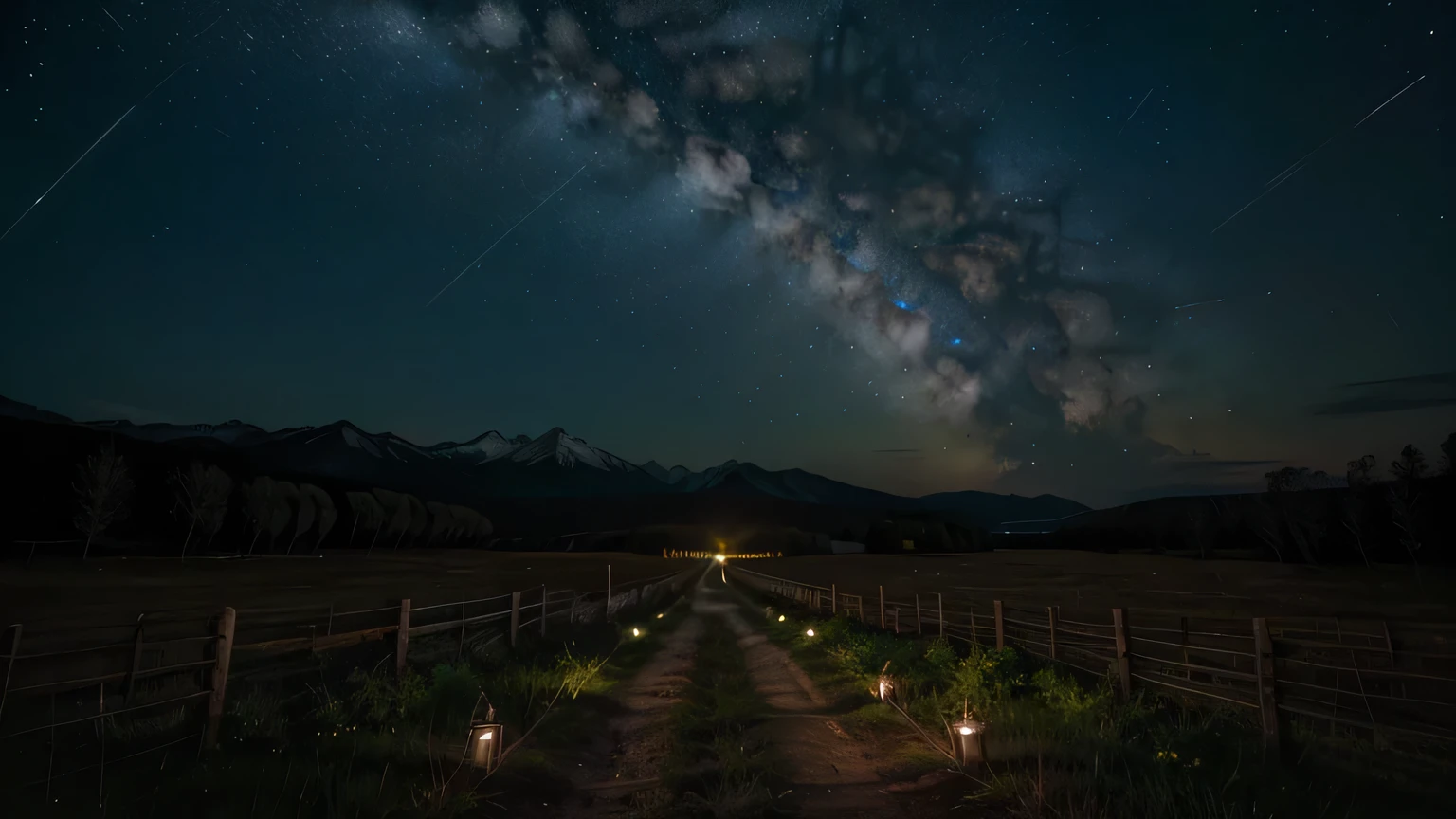  "A trail illuminated by a celestial light that guides the way through a tranquil nighttime landscape. in the sky, estrelas brilham intensamente, symbolizing divine guidance. A trilha leva a uma montanha distante, where an even brighter light suggests the presence of God."