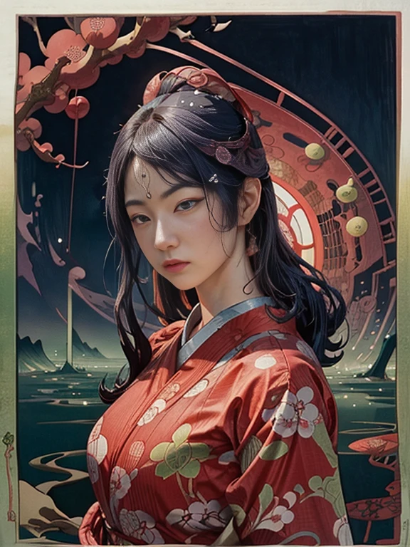 (UKIYOE:1.9)、woodblock print、woodblock print、otherscape、SF、Space Opera、Beautiful woman、Purple clouds gather、Detailed face、Beautiful Eyes、Elegant garments、Intricate floral pattern、Delicate skin、Natural light、A calming color palette、Soft Focuasterpiece、skimpy leather costume、spaceship、