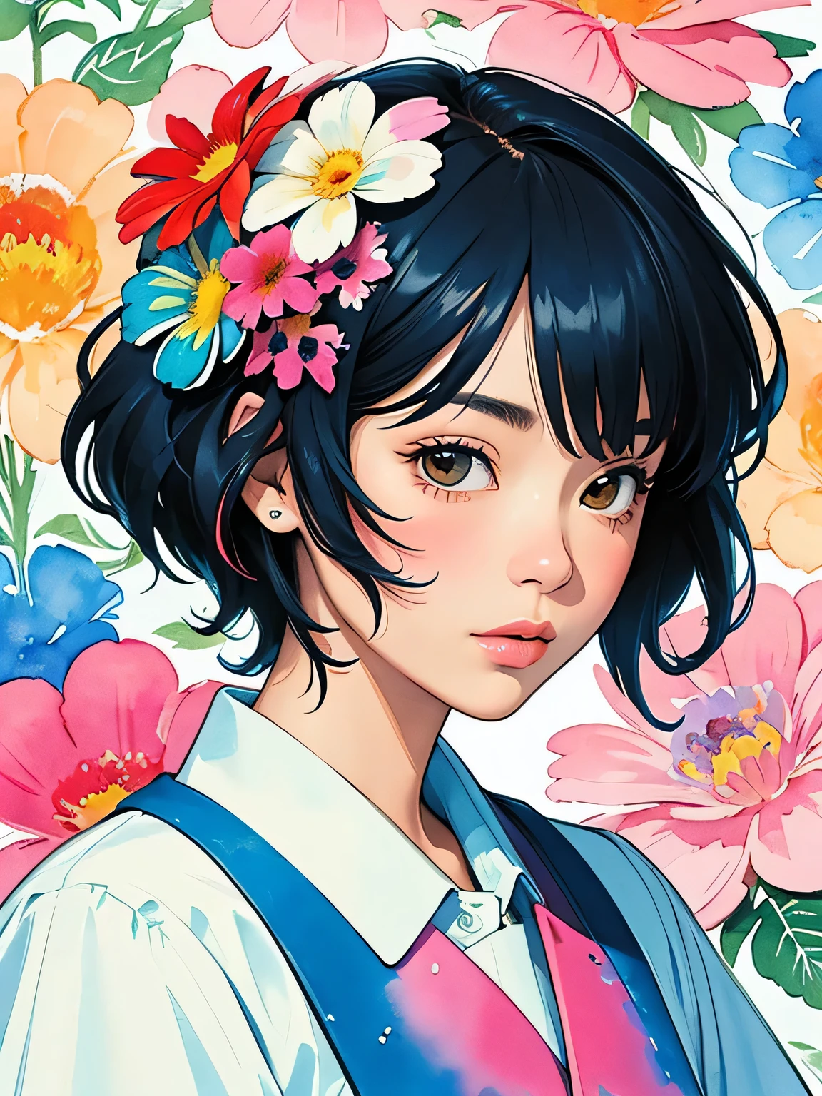 Hiromi Matsuo Style、(((stylish fashion))), 8K Quality、Intense watercolor, Detailed watercolor art, Watercolor splash, Surreal, avant-garde pop art, Beautiful and expressive paintings, Beautiful artwork illustration, Very colorful tones, wonderful, Cool beauty, highest quality、Official Art, Vector art, Stylish design, (((The most beautiful girl))), (((highest quality))), HDR, ((detailed)), (((Doodle Art)), ((masterpiece)), ((Super detailed)), (((Colorful flowers))),(((Stylish))),