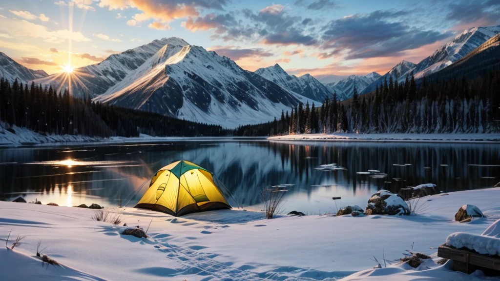 Outdoor Camping、near the lake、winter、The sun rises