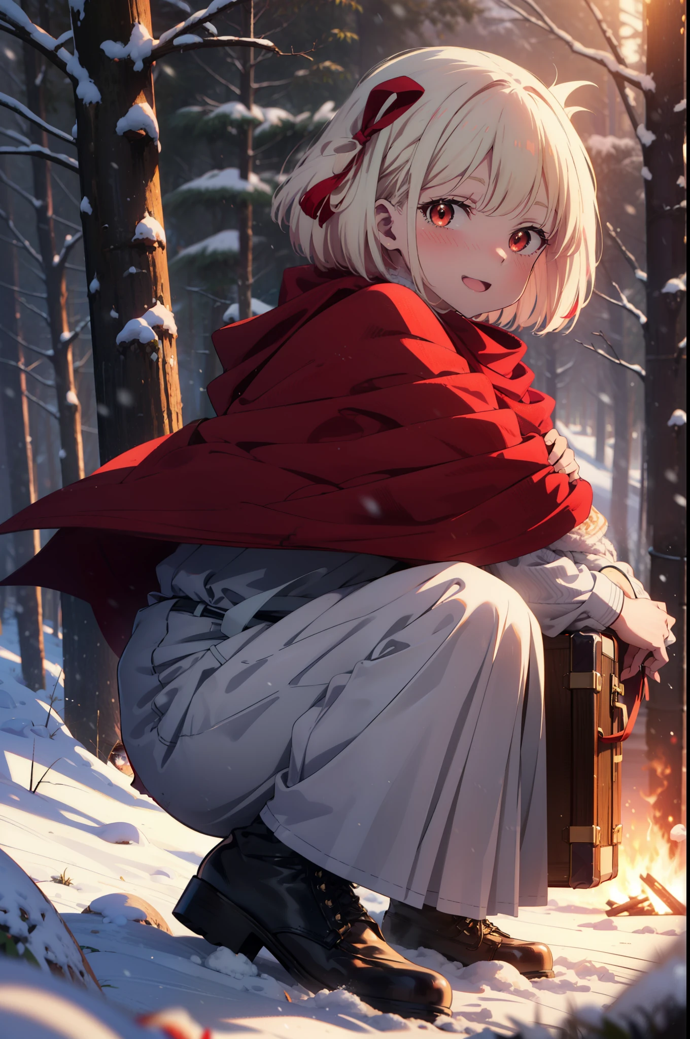 chisatonishikigi, Chisato Nishikigi, short hair, bangs, blonde, (Red eyes:1.5), Hair Ribbon, One side up, Bobcut,smile,blush,happy smile, smile, Open your mouth,
White Breath, Open your mouth,snow, Ground bonfire, Outdoor, boots, snowing, From the side, wood, suitcase, Cape, Blurred, Increase your meals, forest, White handbag, nature, Squat, Mouth closed, フードed Cape, winter, Written boundary depth, Black shoes, red Cape break looking at viewer, Upper Body, whole body, break Outdoor, forest, nature, break (masterpiece:1.2), highest quality, High resolution, unity 8k wallpaper, (shape:0.8), (Beautiful and beautiful eyes:1.6), Highly detailed face, Perfect lighting, Extremely detailed CG, (Perfect hands, Perfect Anatomy),