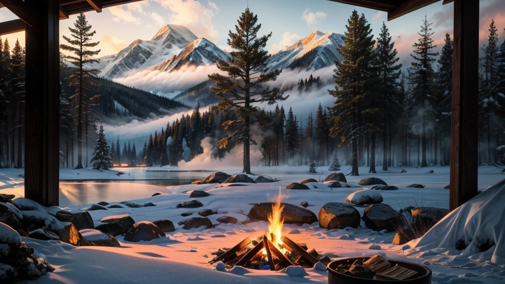 a beautiful winter morning near a lake, a cozy tent surrounded by snowy mountains and pine trees, warm sunlight filtering through the fog, steam rising from a campfire, a person sitting by the fire enjoying the peaceful scenery, highly detailed, photorealistic, 8k, masterpiece