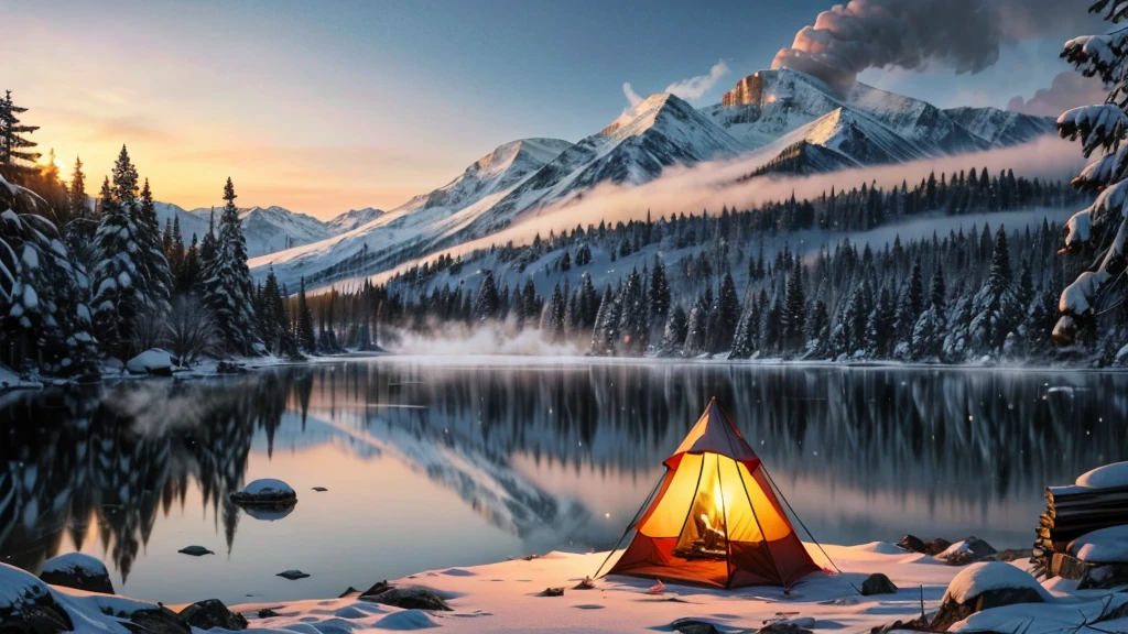 a beautiful winter morning near a lake, a cozy tent surrounded by snowy mountains and pine trees, warm sunlight filtering through the fog, steam rising from a campfire, a person sitting by the fire enjoying the peaceful scenery, highly detailed, photorealistic, 8k, masterpiece