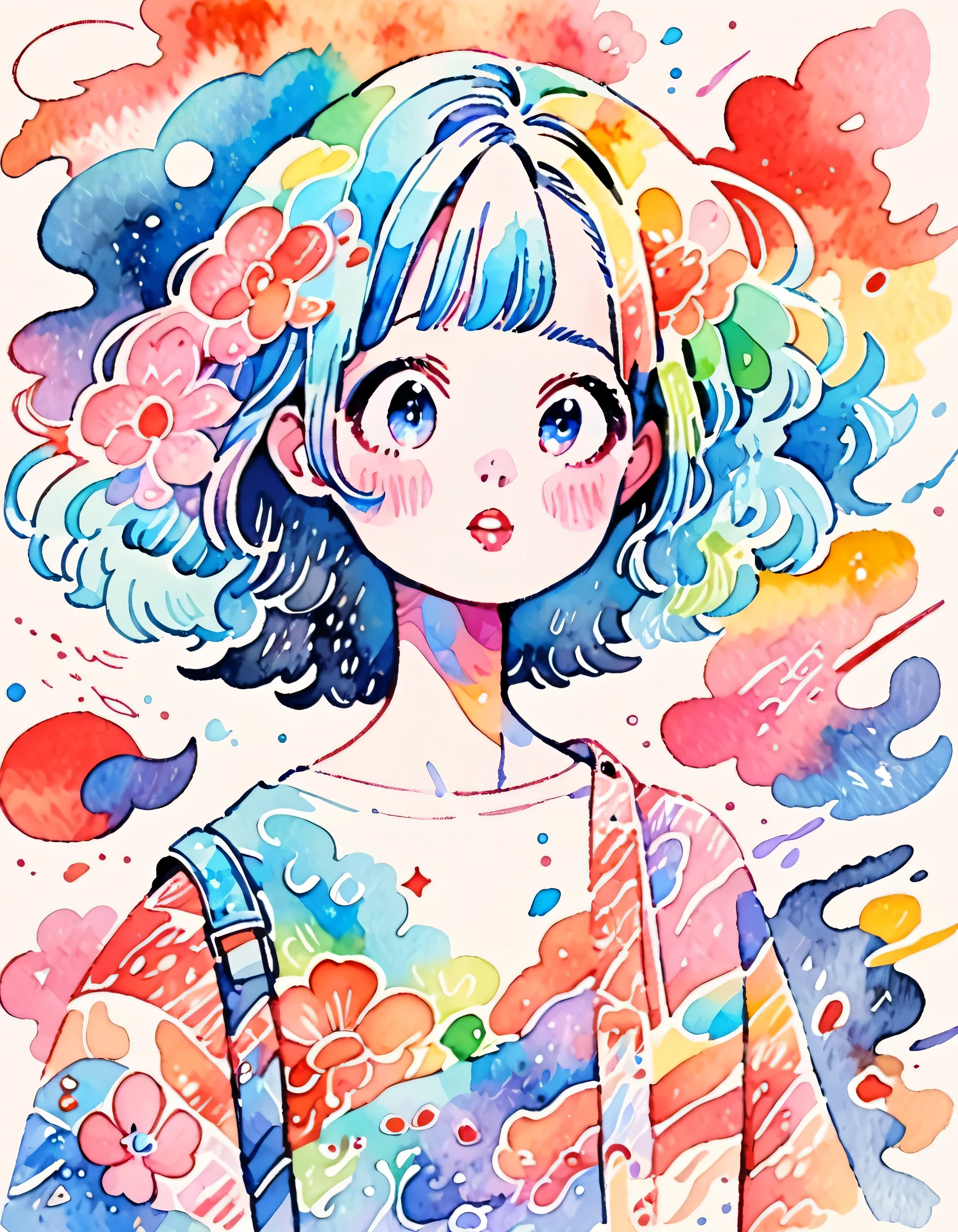 Hiromi Matsuo Style、(((stylish fashion))), 8K Quality、Intense watercolor, Detailed watercolor art, Watercolor splash, Surreal, avant-garde pop art, Beautiful and expressive paintings, Beautiful artwork illustration, Very colorful tones, wonderful, Cool beauty, highest quality、Official Art, Vector art, Stylish design, (((The most beautiful girl))), (((highest quality))), HDR, ((detailed)), (((Doodle Art)), ((masterpiece)), ((Super detailed)), (((Colorful flowers))),(((Stylish)))
